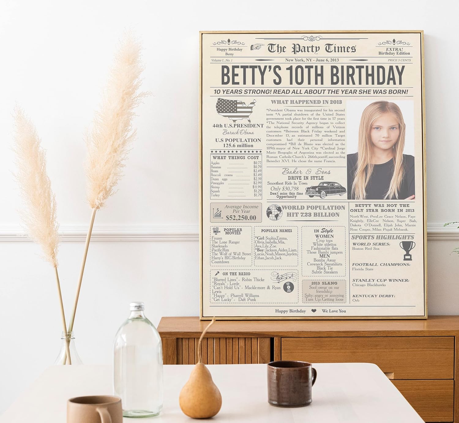 Regalos personalizados de cumpleaños número 10, decoración de fiesta para niños, niñas, hijo, hija, niños, decoración de póster de periódico vintage
