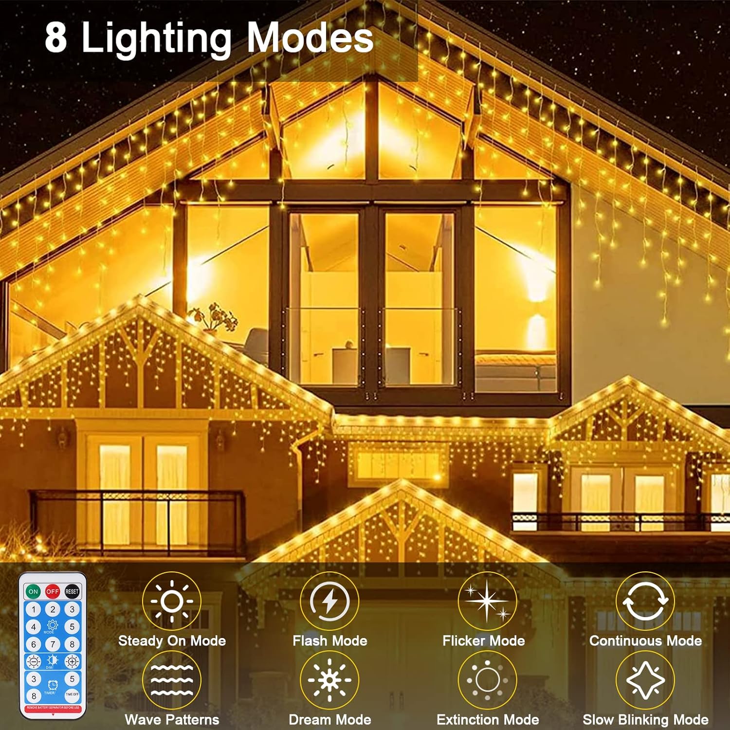 JIMACRO Guirnalda de luces solares, 16 piezas de 2.6 pies, 128 luces LED de cortina con control remoto, 16.4 pies de cortina de luces impermeables