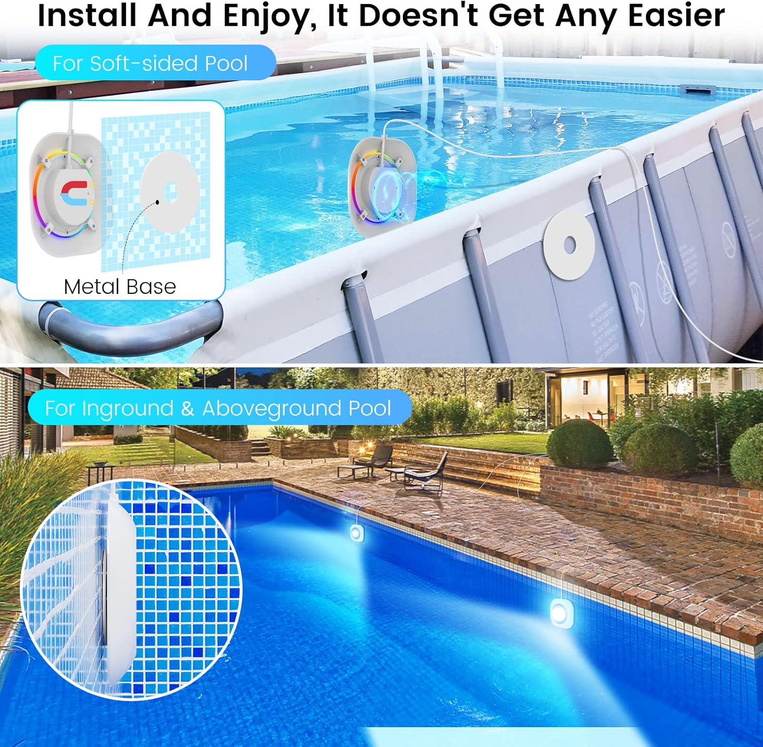 LyLmLe Luces LED de piscina de 20 W, luces subacuáticas inteligentes de 12 V con control de aplicación, cronograma de temporizador, luces magnéticas