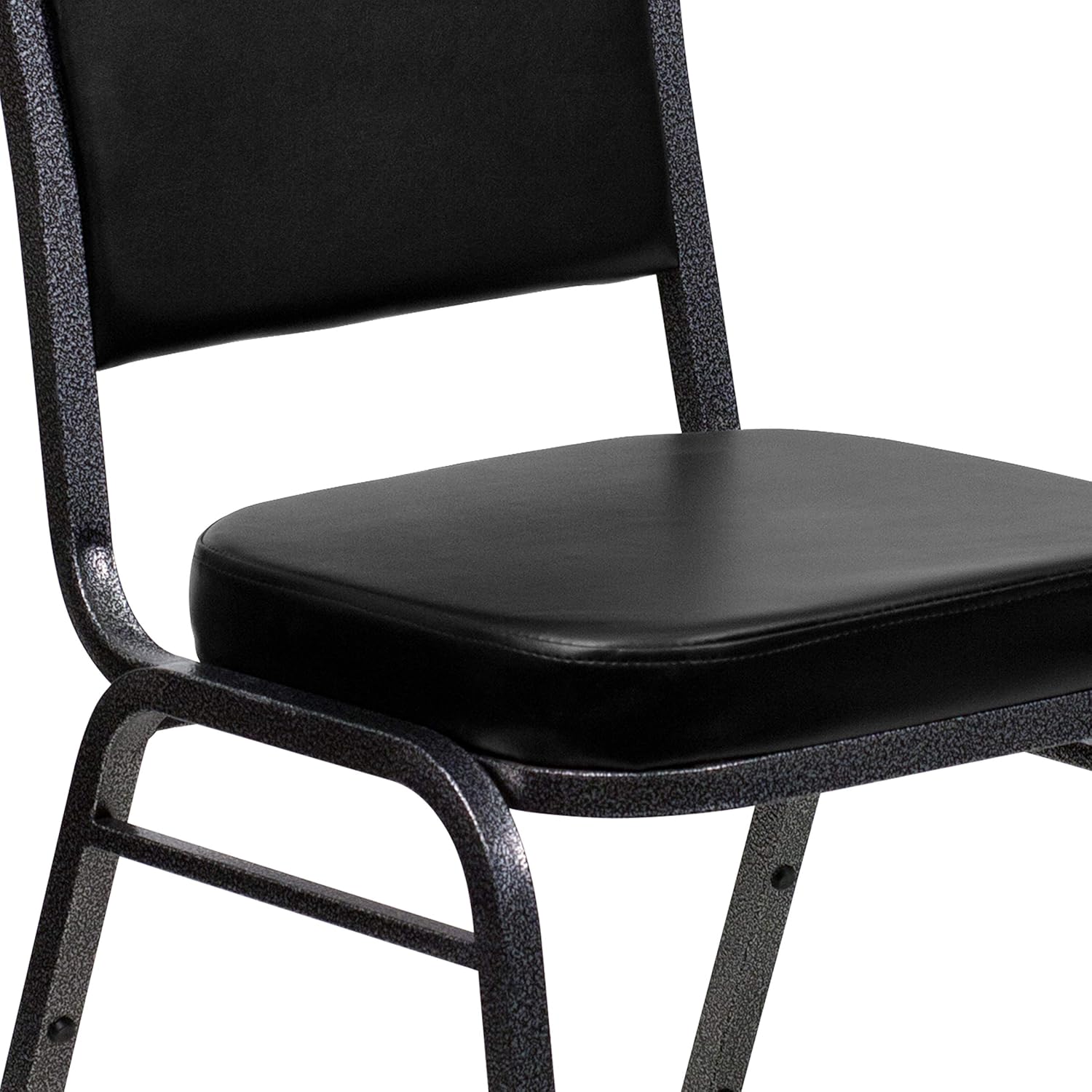 BizChair Paquete de 4 sillas apilables para banquetes con respaldo de corona en vinilo negro, marco de vena plateada