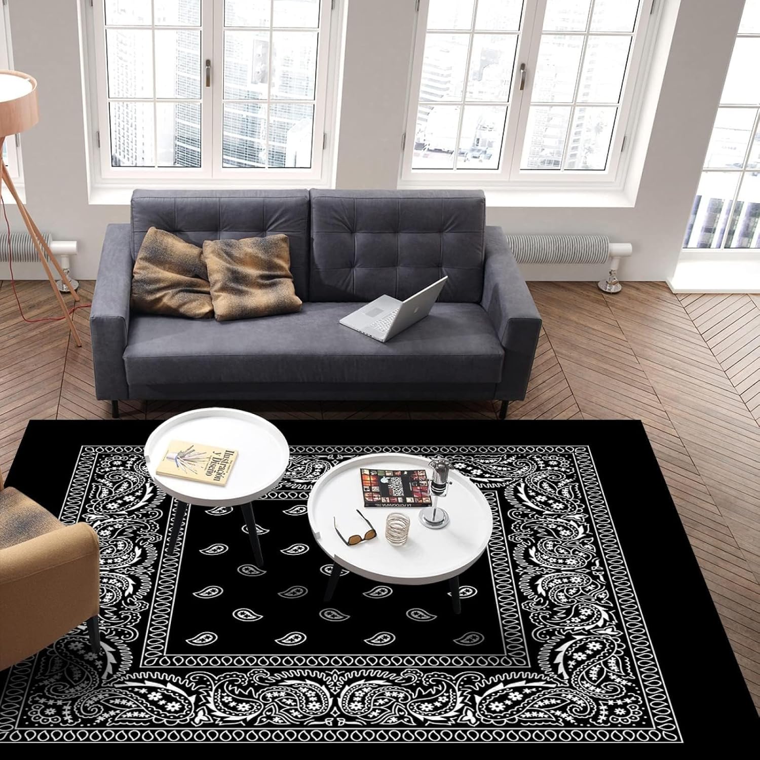 Alfombra de área negra con estampado de hiyab bohemio, antideslizante, lavable a máquina, transpirable, duradera, para decoración de suelo de