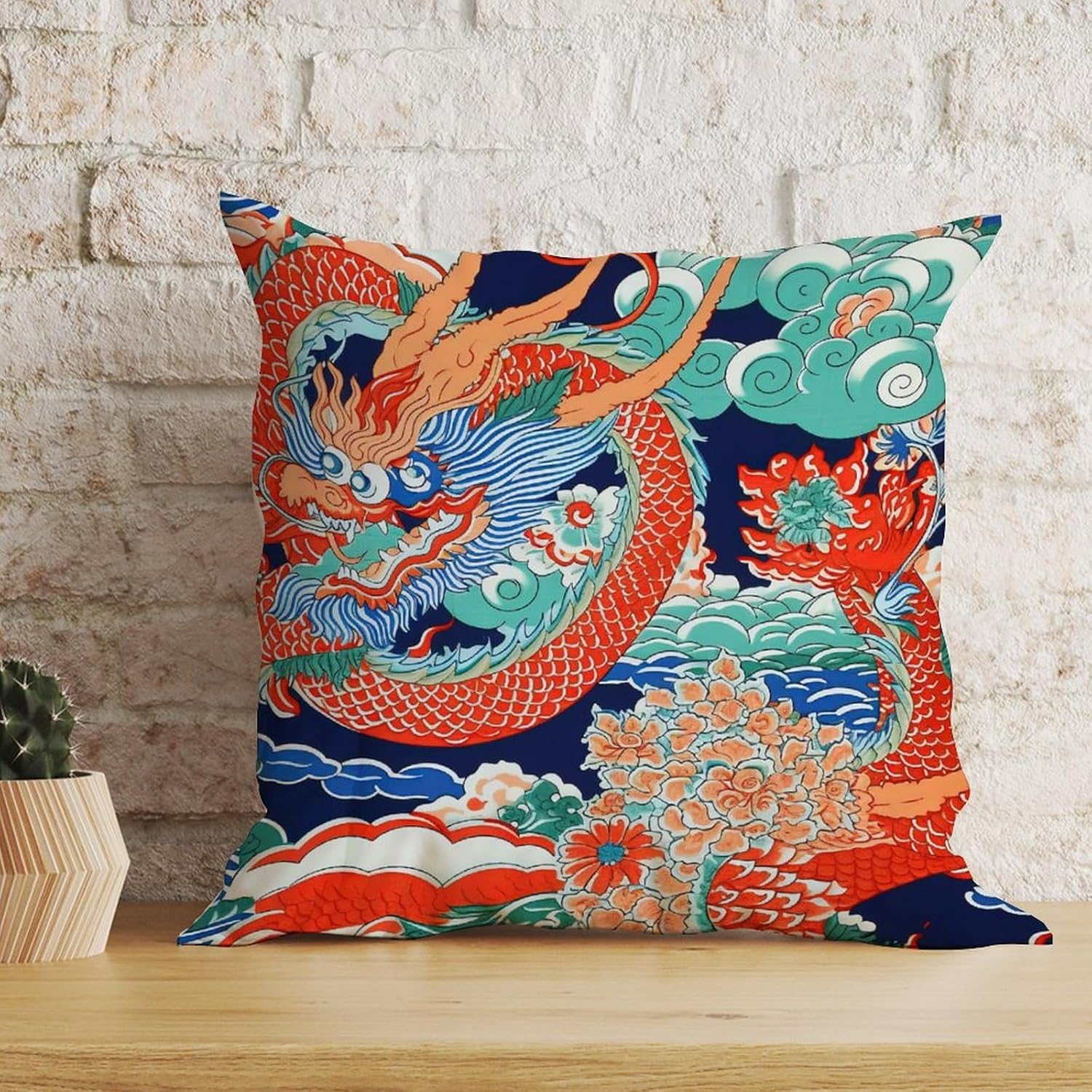 MangGou Funda de cojín tradicional china china para sofá, color azul, verde azulado, índigo, dragón asiático, dragón, naranja, aguamarina, turquesa,