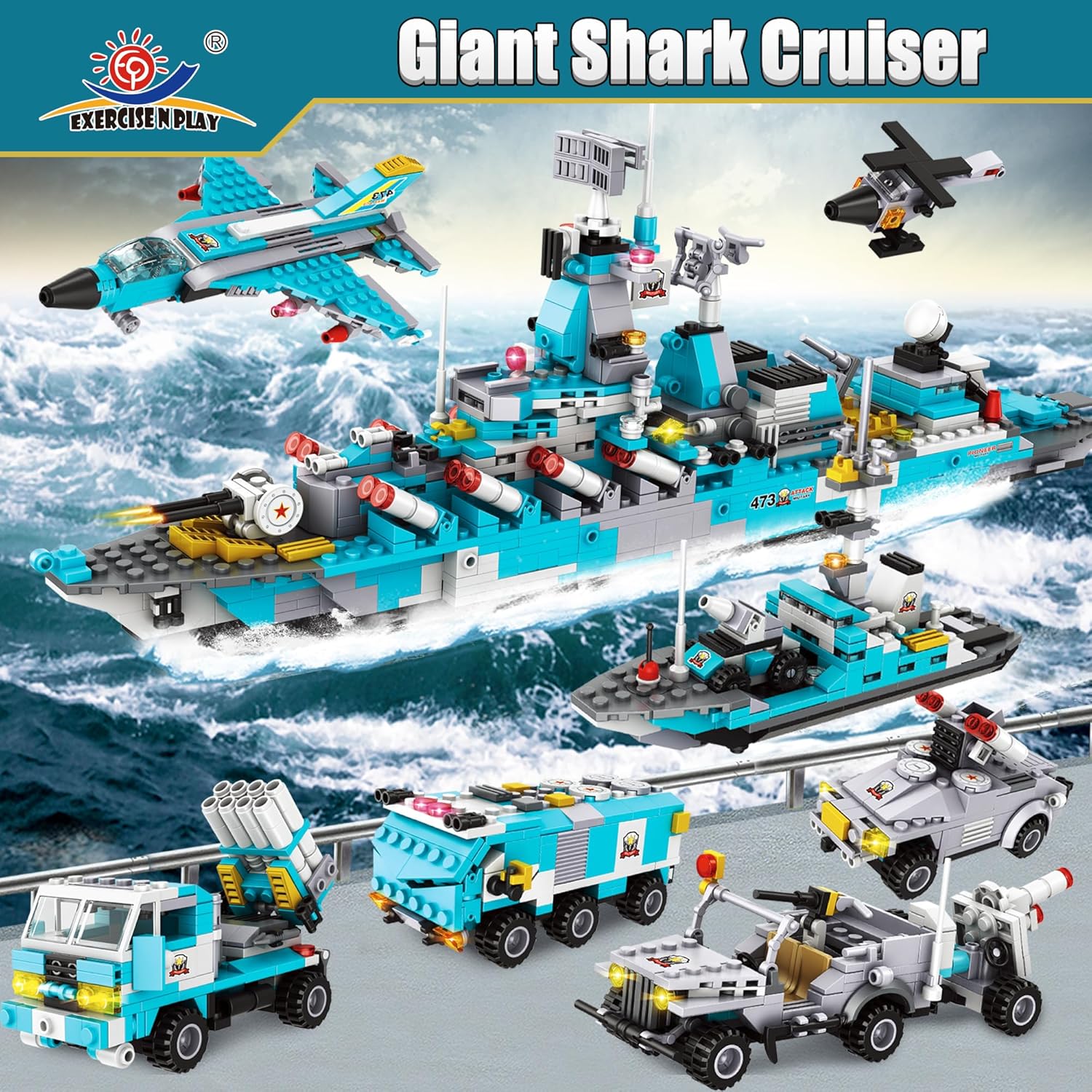 EP Battleship – Juego de construcción de juguete de juguete, construcción de 1293 piezas, 6 en 1, juguete de construcción de barco oceánico para