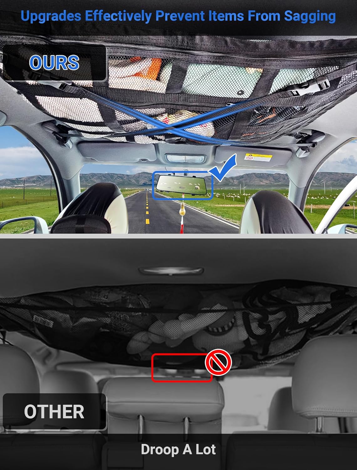 Red de carga para techo de auto mejorada con correa de fijación, 32 x 21 pulgadas, organizador de almacenamiento de techo de automóvil de doble capa