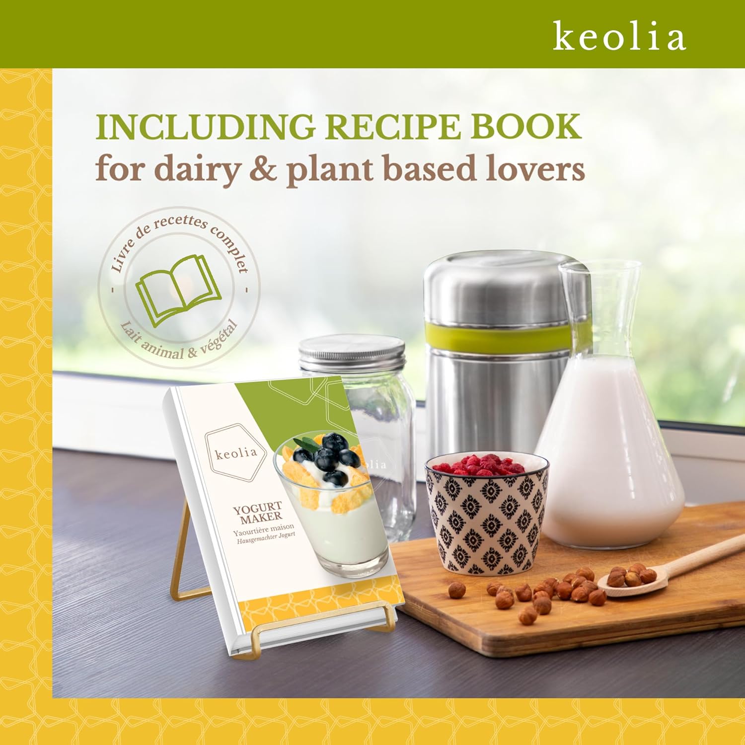 Keolia Máquina para hacer yogur, tarros de vidrio para yogur de 1 cuarto de galón con libro de recetas y accesorios para hacer yogur, cultura de