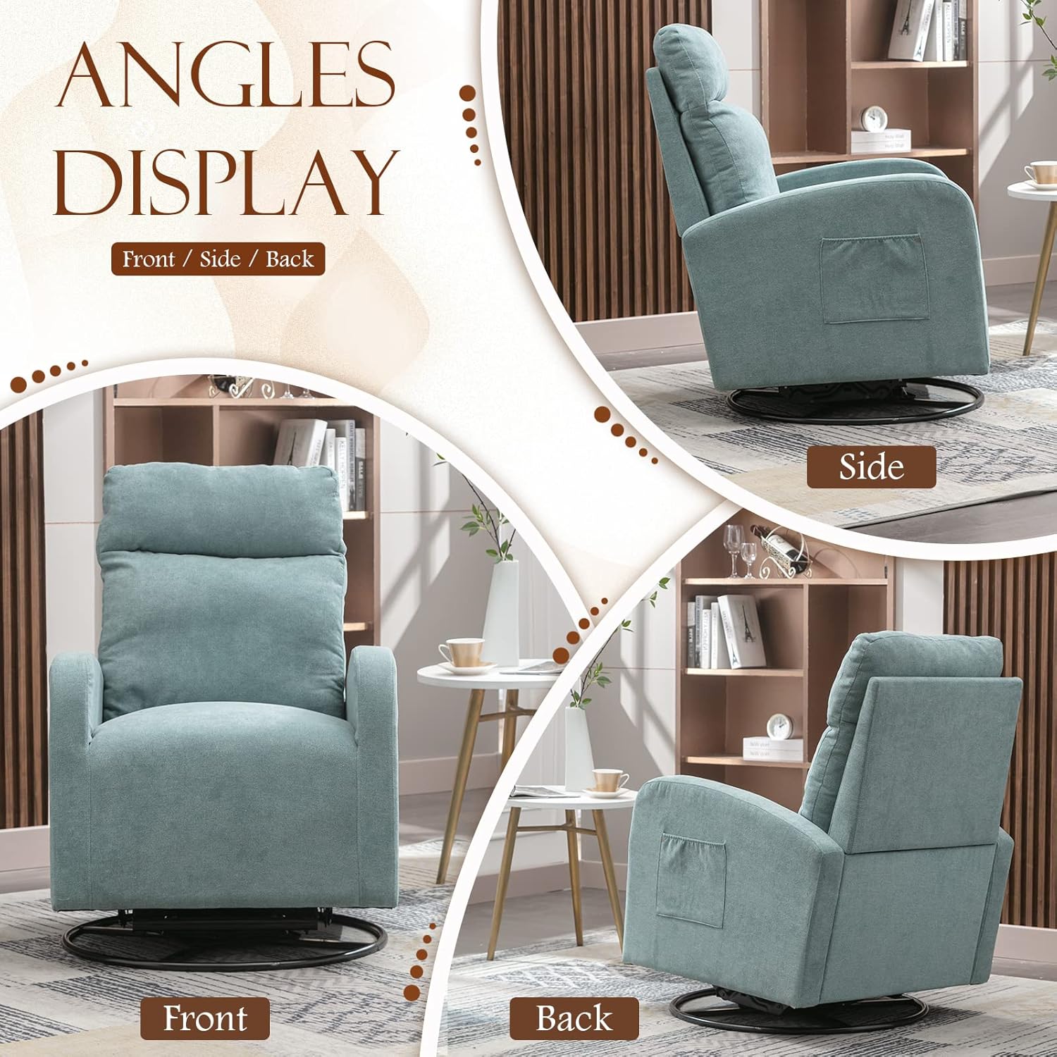 KINFFICT Silla giratoria moderna, mecedora tapizada para el cuarto del bebé, cómoda silla mecedora con respaldo alto con bolsillo lateral y