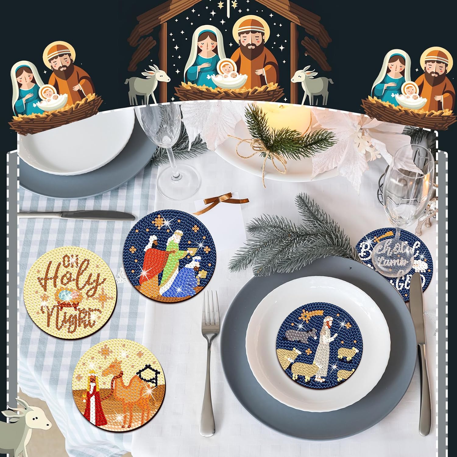 8 posavasos de arte de diamantes de Navidad, posavasos de pintura de diamantes de caramelo con soporte, kit de pintura de diamantes de Navidad,