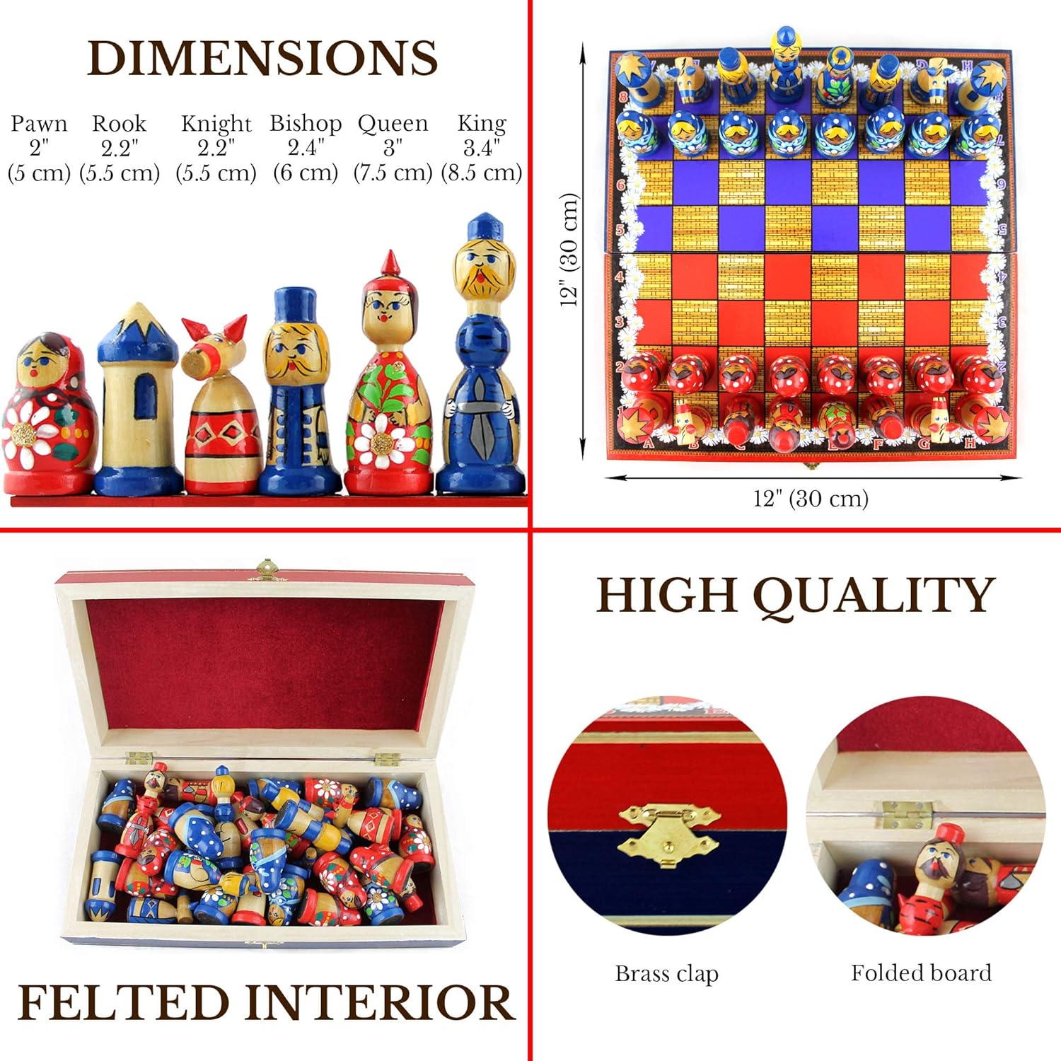 Matryoshka Dolls Juego de ajedrez de madera – Juego de ajedrez ruso pintado a mano margaritas de granja con temática de flores