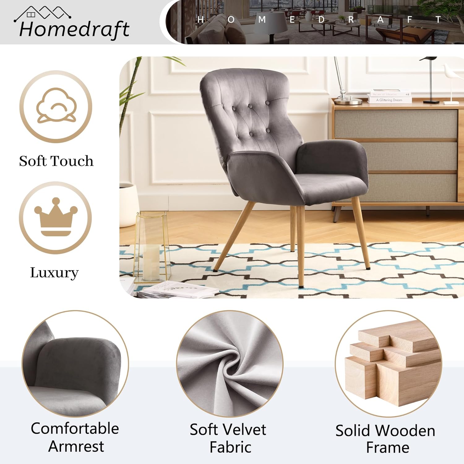 Silla decorativa de terciopelo, silla de lectura copetuda con botones con respaldo de ala alta grande, cómoda silla de tocador tapizada con patas de