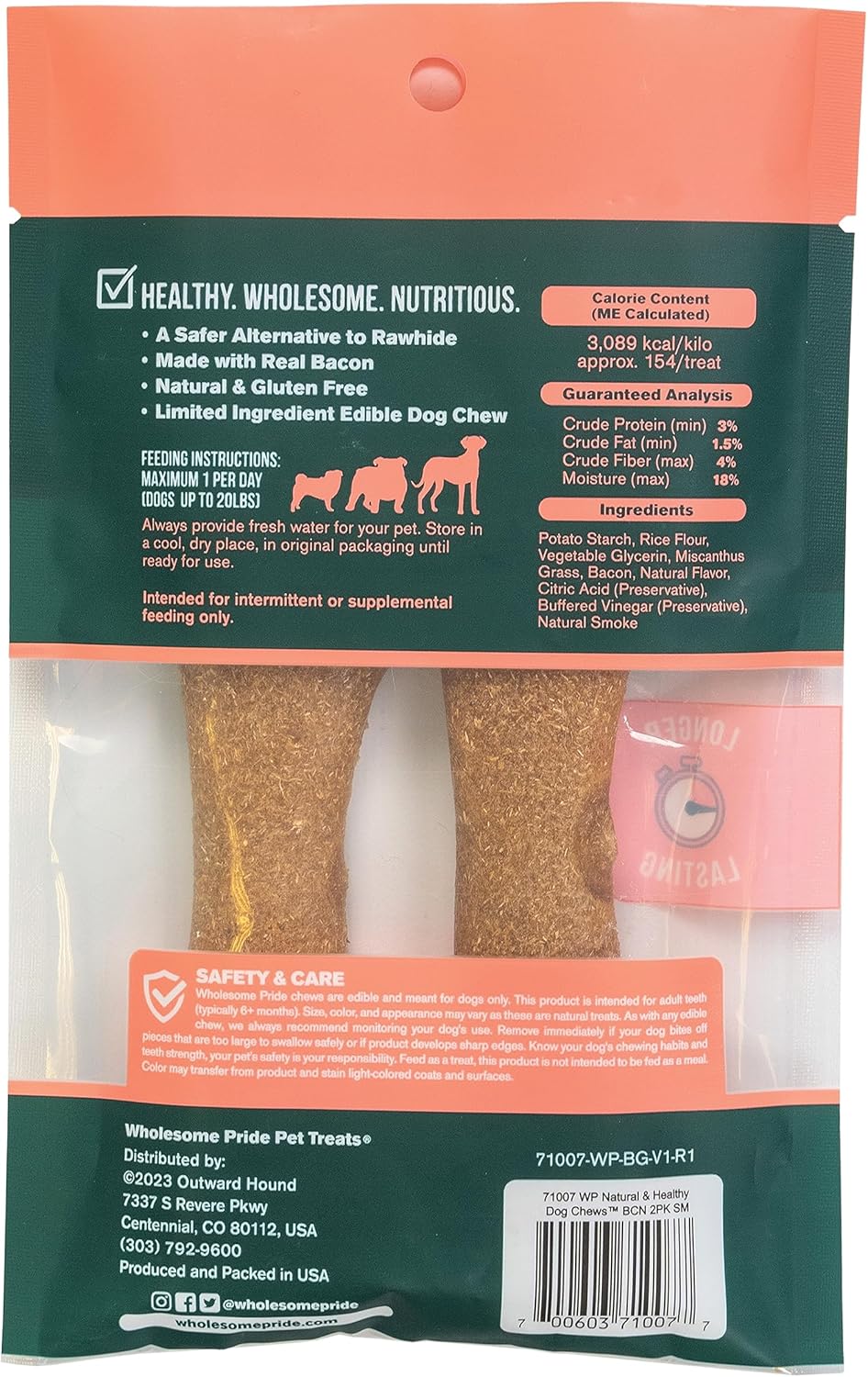 Wholesome Pride Masticables naturales y saludables para perros, paquete de 2 unidades, para perros pequeños, sabor a tocino