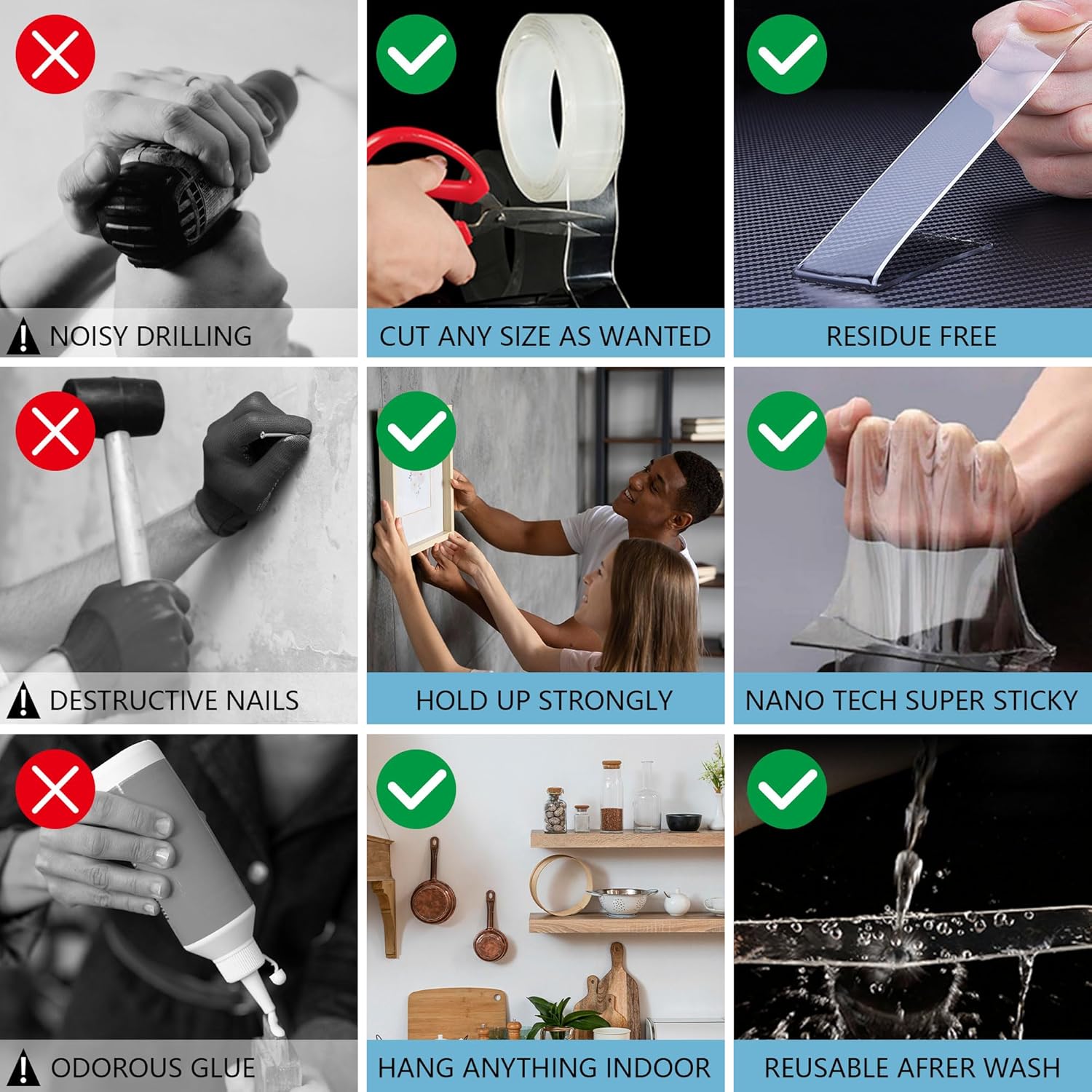VVXX Cinta nano, cinta de doble cara, resistente, reutilizable, transparente, sin rastros, para decoración de pared de aula, apta para inquilinos,