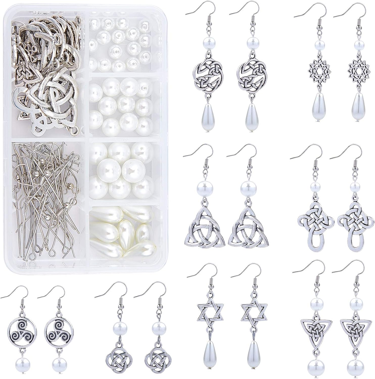 SUNNYCLUE 1 caja de 8 pares de aretes de nudo celta de plata antigua, aretes colgantes de perlas, kit de inicio de fabricación de joyas con