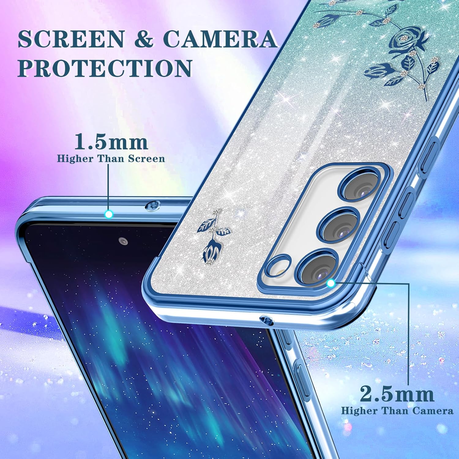 Coralogo Funda 3 en 1 para Samsung Galaxy S23 Plus con purpurina brillante para mujeres y niñas, cubierta brillante para teléfono, bonito diseño
