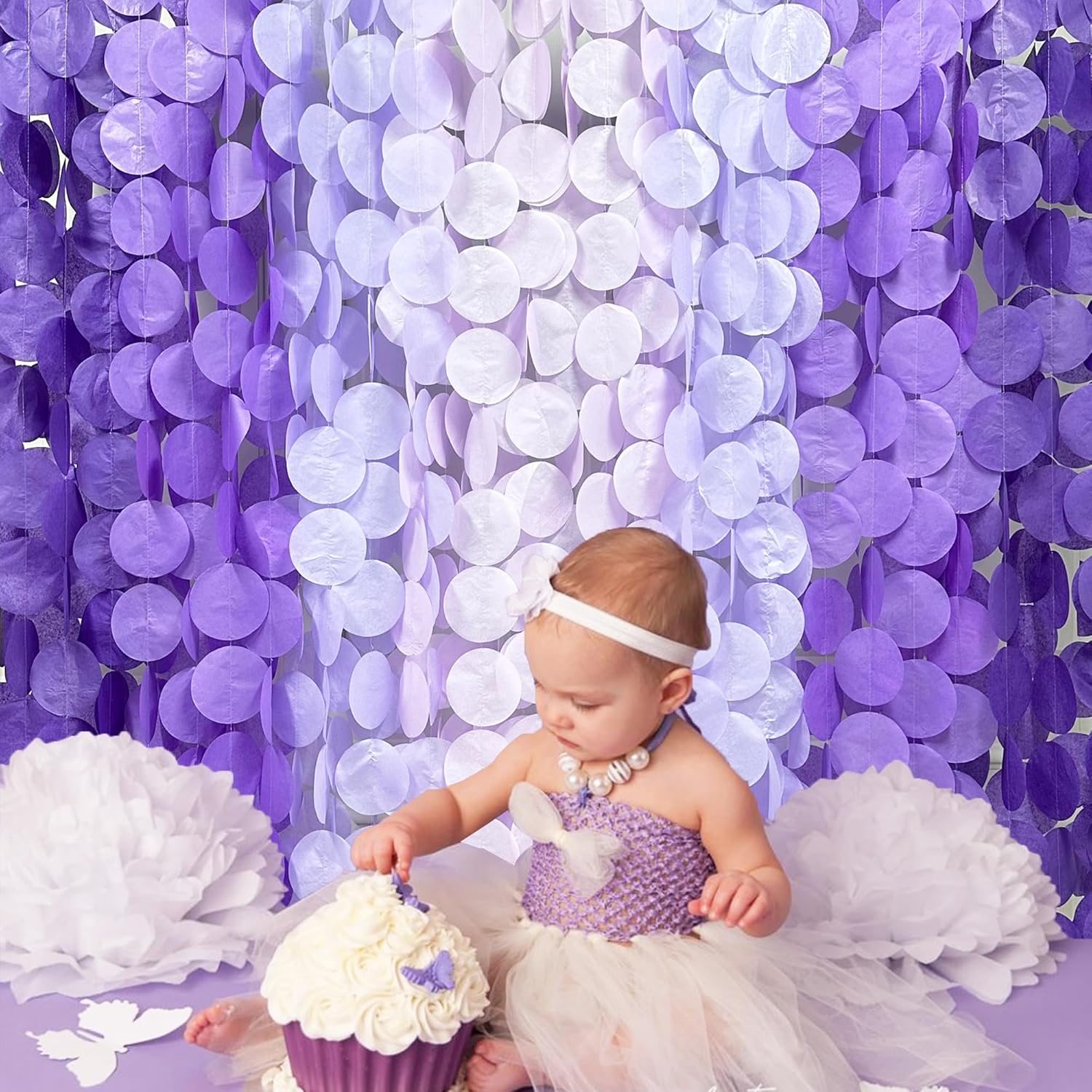 Decoración de fiesta de lavanda de 205 pies, color morado degradado, telón de fondo, serpentina, papel de seda, guirnalda colgante de lunares para