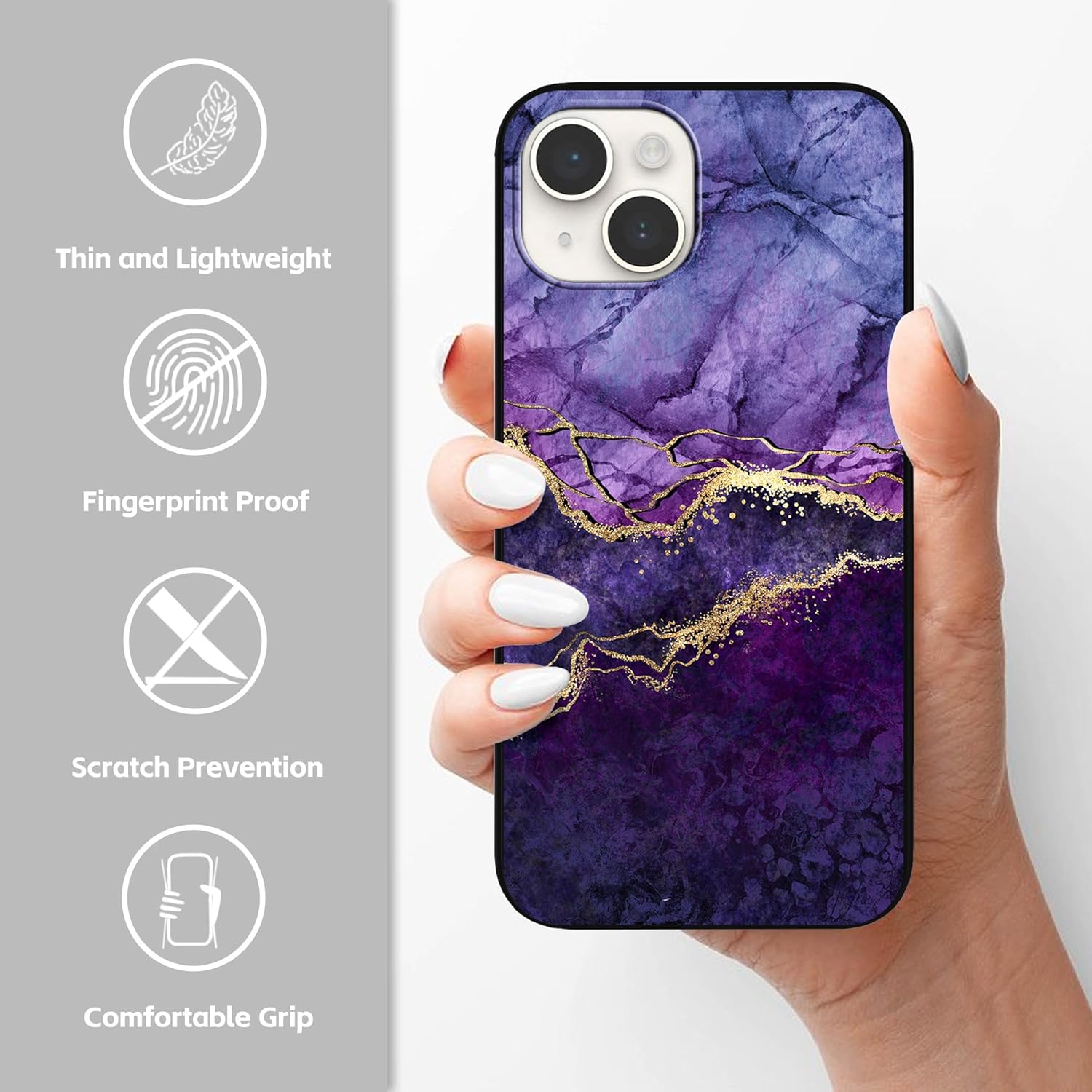 Diseñada para iPhone 15 Plus, funda de teléfono con patrón de mármol morado y venas doradas, para iPhone 15 Plus de 6.7 pulgadas, TPU suave,