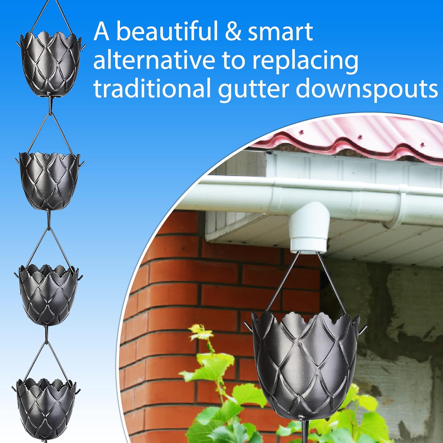 Cadena de lluvia de 8.5 pies de longitud – Recambio funcional y decorativo para canaletas – Colector de canaletas de cadena de lluvia – Desviador de
