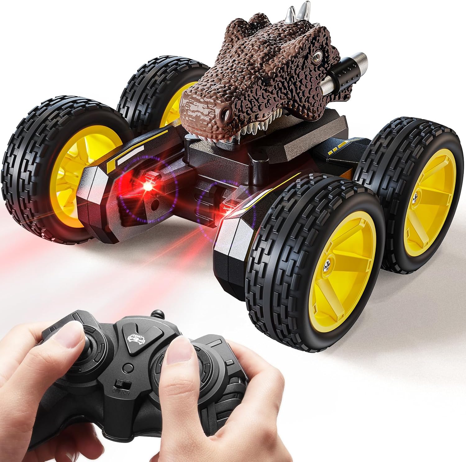Auto de acrobacias a control remoto para niños, juguete de camión de juguete con demostración de una tecla, dinosaurio RC de rotación de 360, escala