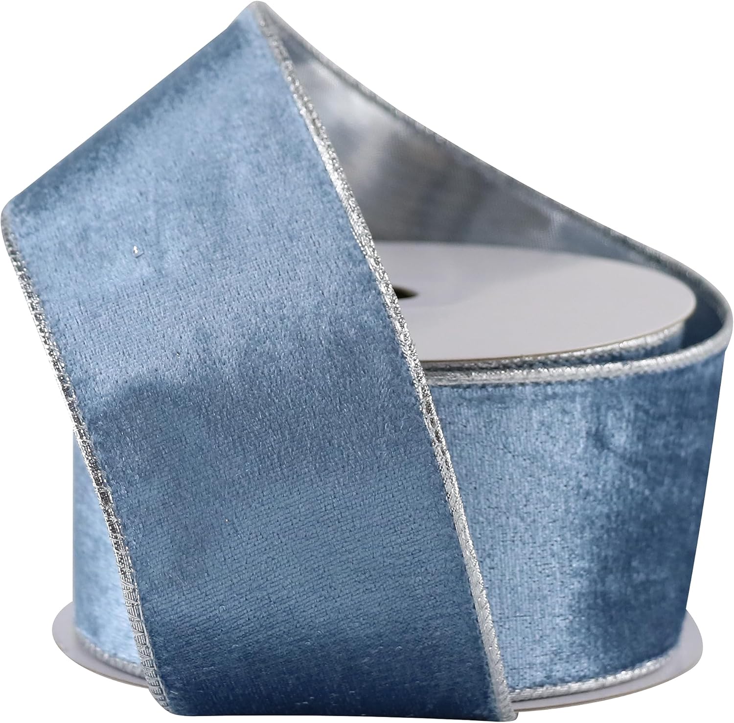 Cinta de terciopelo azul polvoriento con alambre de 2.5 pulgadas x 10 yardas, cinta azul de Navidad con alambre con parte trasera metálica plateada