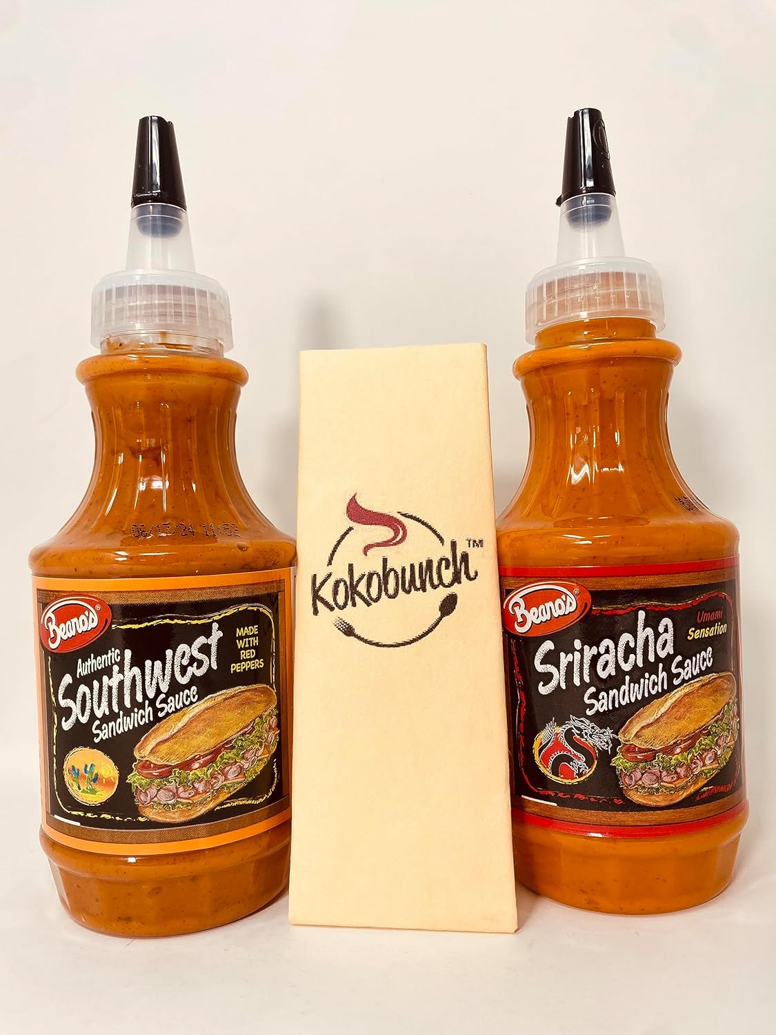 Beano’s Spicy Sandwich Sauce Paquete variado  Sriracha y suroeste con kit Kokobunch 2 PACK