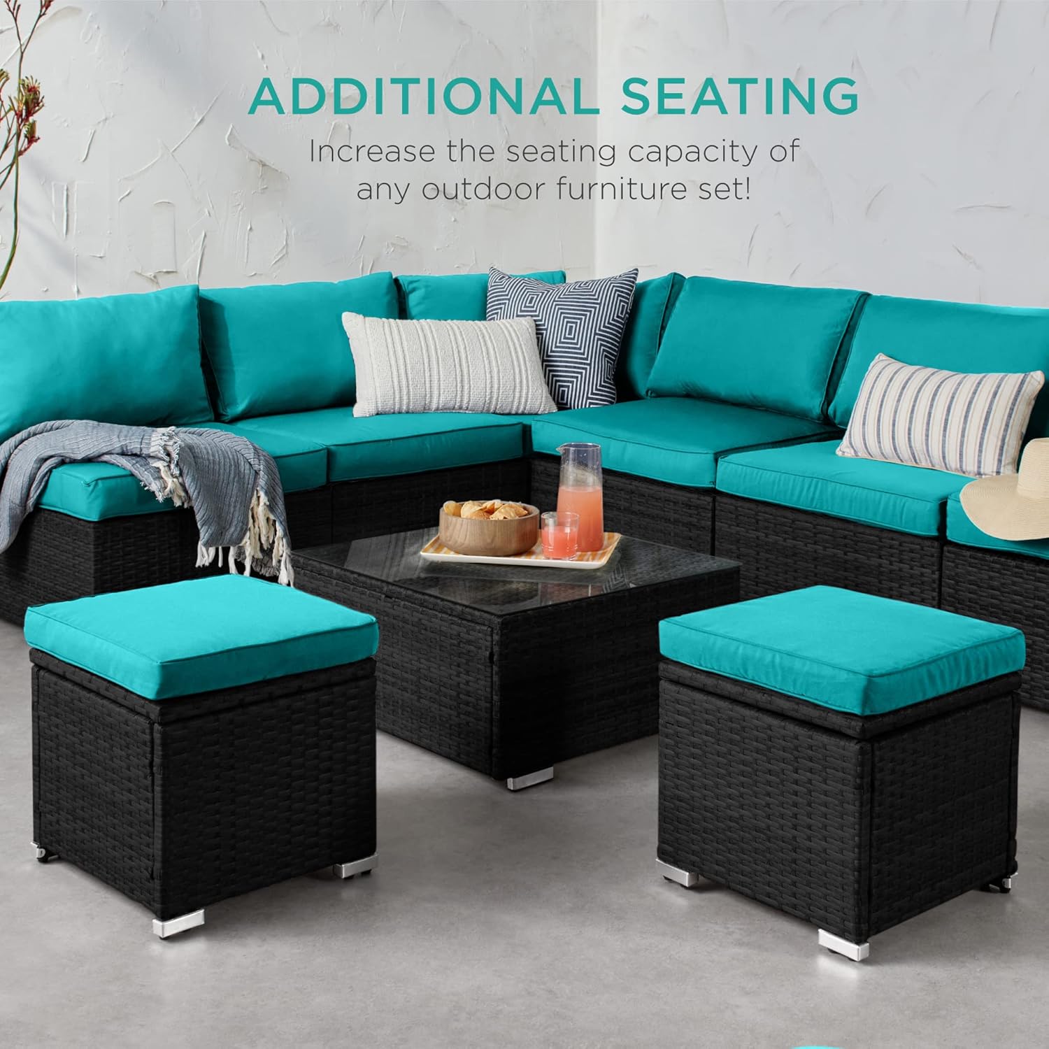 Best Choice Products Juego de 2 otomanas de mimbre, muebles de exterior multiusos para patio, patio trasero, asientos adicionales, reposapiés, mesa