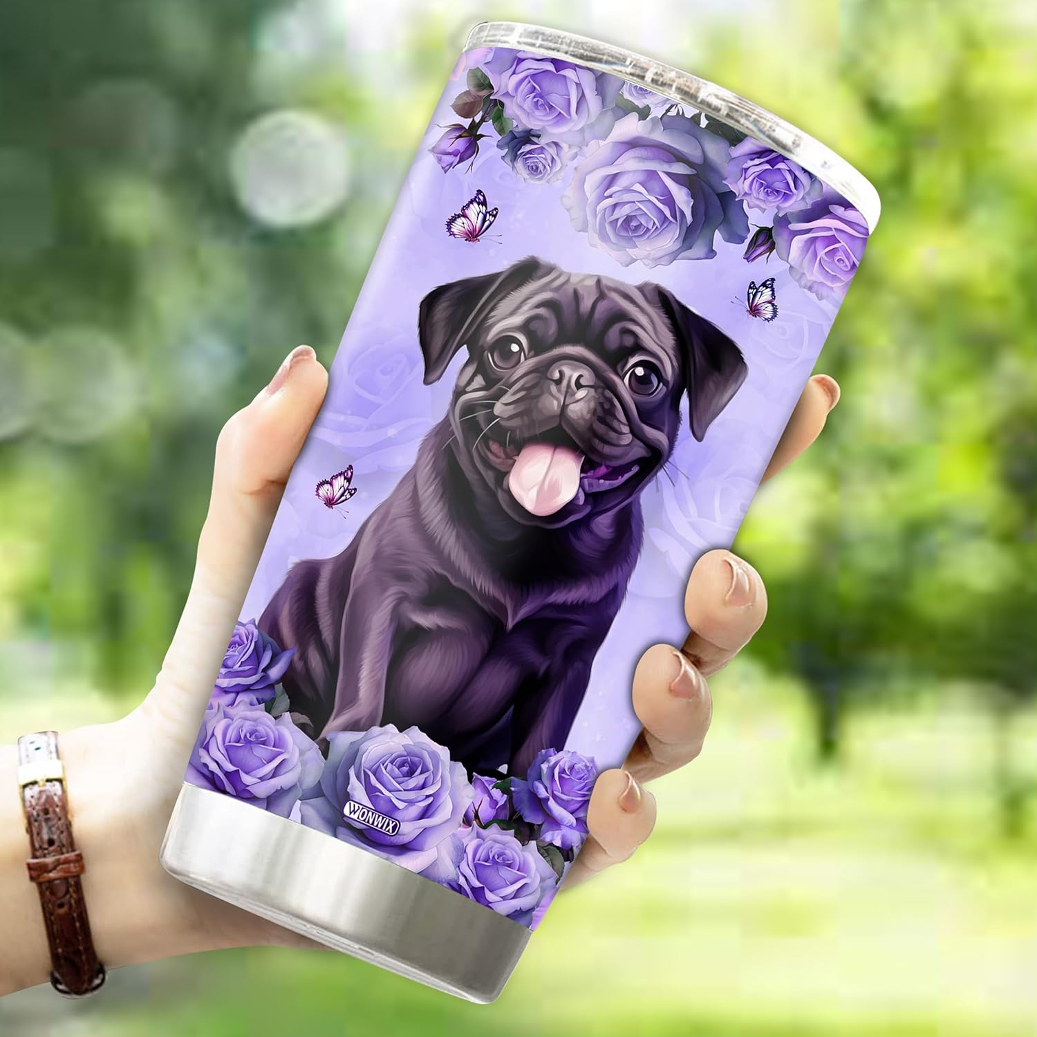 WONWIX Regalos personalizados con temática de pug para mujeres, taza de café, vaso térmico de 20 onzas con aislamiento de acero inoxidable con tapa,