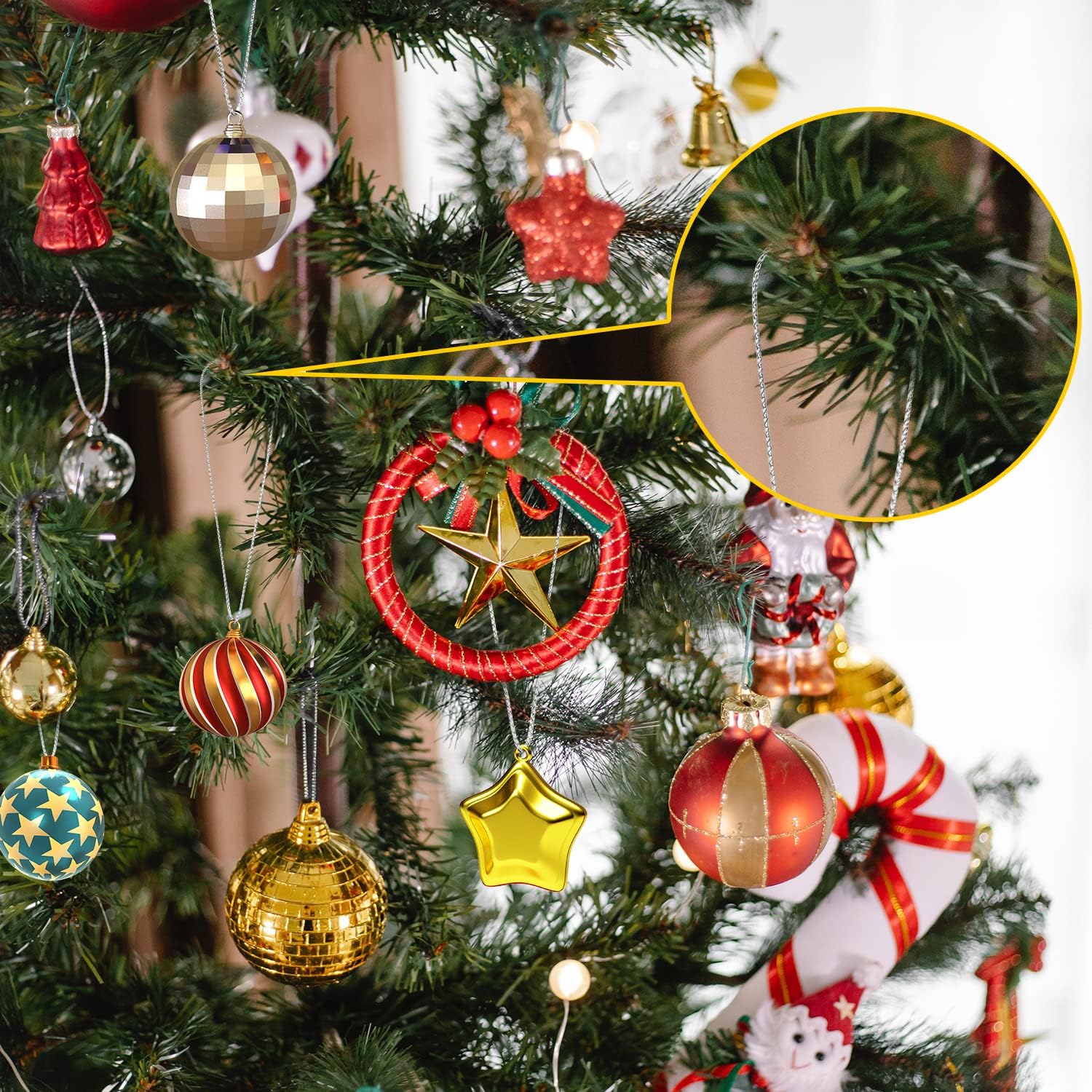 200 cuerdas para colgar adornos navideños, cinta metálica de 8 pulgadas para colgar adornos con cierre a presión, cordón a presión para decoración