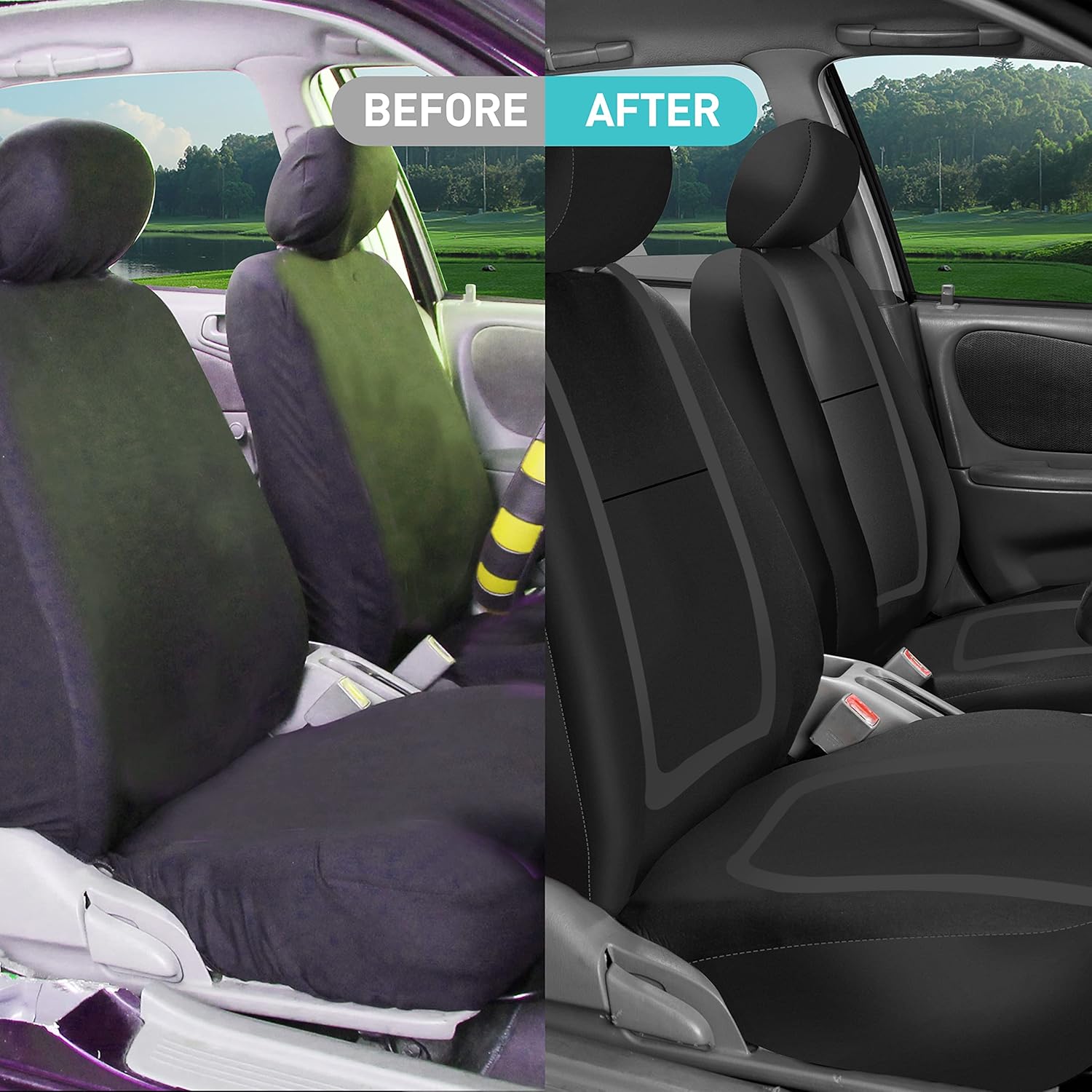 FH Group – Juego completo de fundas de asiento de automóvil, de tela negra, ajuste universal, de asiento delantero de respaldo bajo y de asiento