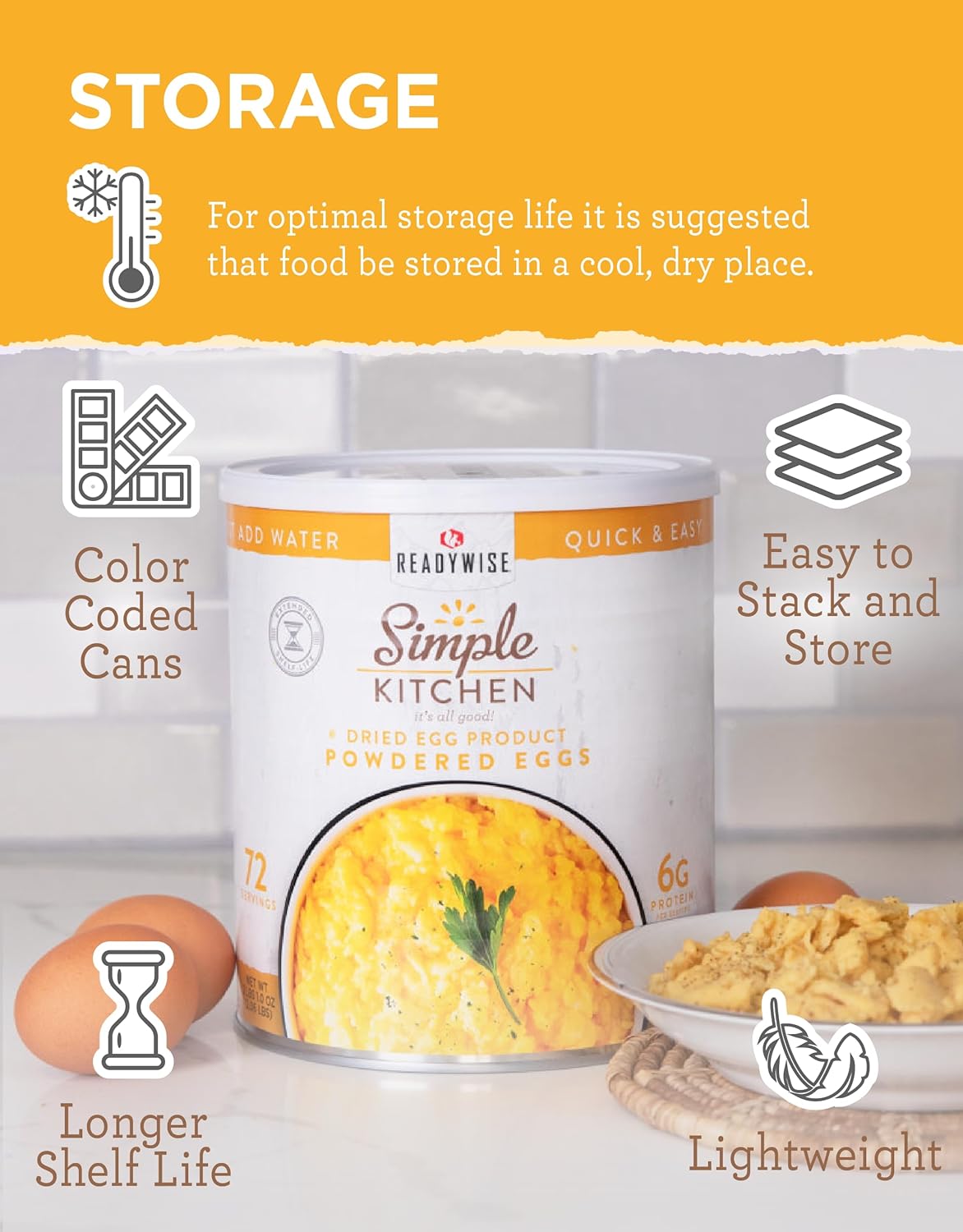 READYWISE – Cocina simple, huevos en polvo, 72 porciones, suministro de alimentos de emergencia, alimentos deshidratados, suministros para hornear,