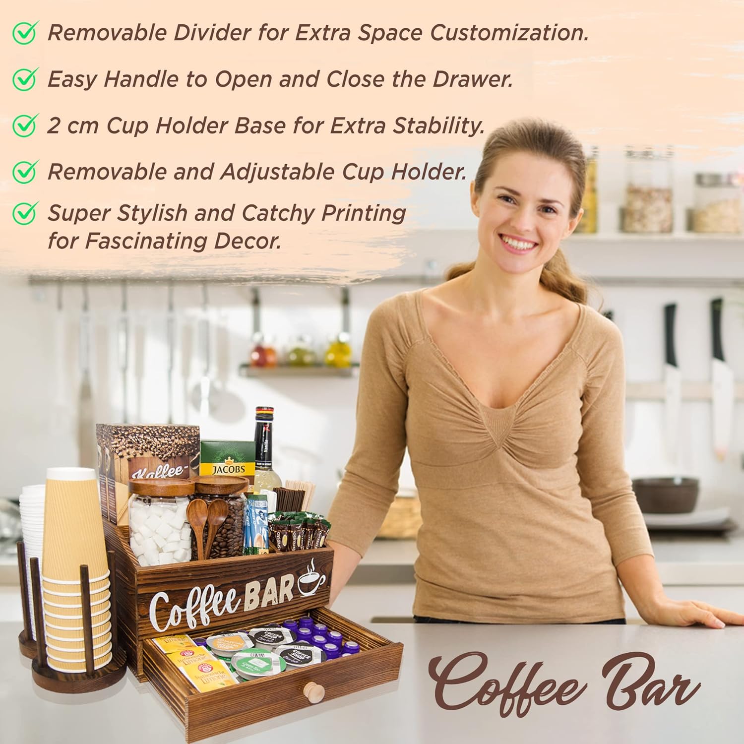 Organizador de estación de café para encimera, organizador de madera para barra de café, cesta de almacenamiento con cajón, organizador de
