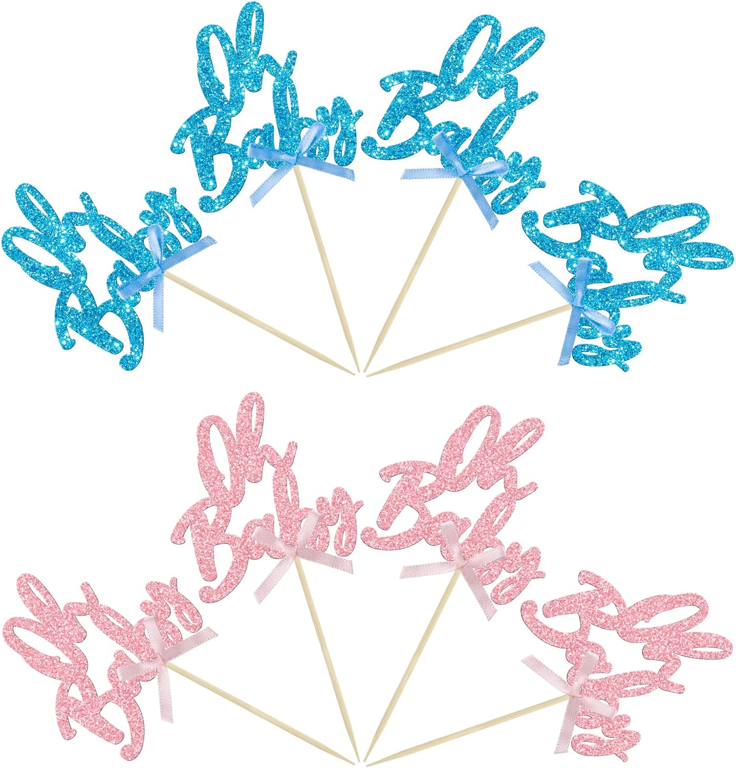 24 piezas Oh Baby Cupcake Toppers Glitter Baby Shower Cupcake Picks con lazo rosa y azul revelación de género decoraciones para cupcakes para niños
