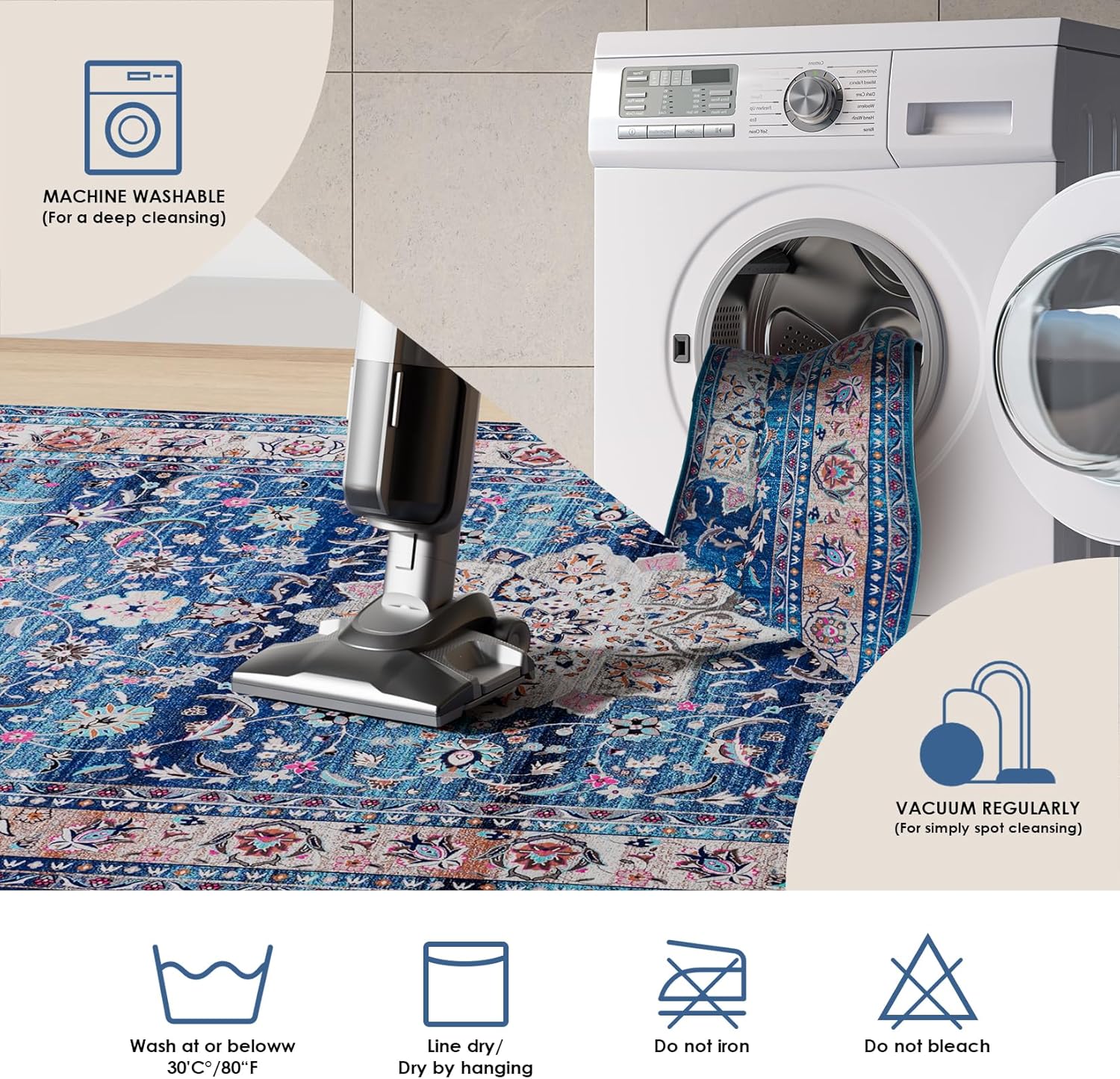 INGEROOM Alfombra vintage lavable a máquina para dormitorio, sala de estar, 5 x 7, alfombra bohemia suave y lavable a máquina para dormitorio, sala