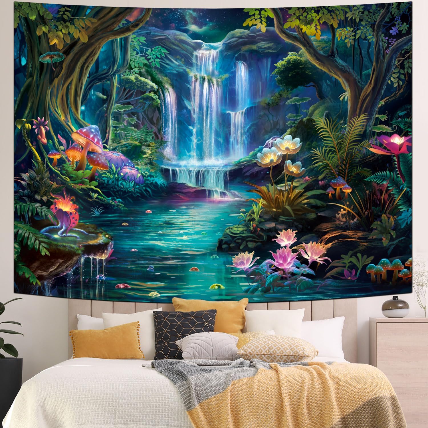 Generleo Tapiz de bosque con diseño de hongos, flores, galaxia, cascada, colorido, floral, plantas, tapiz de pared, tapiz estético de fantasía,