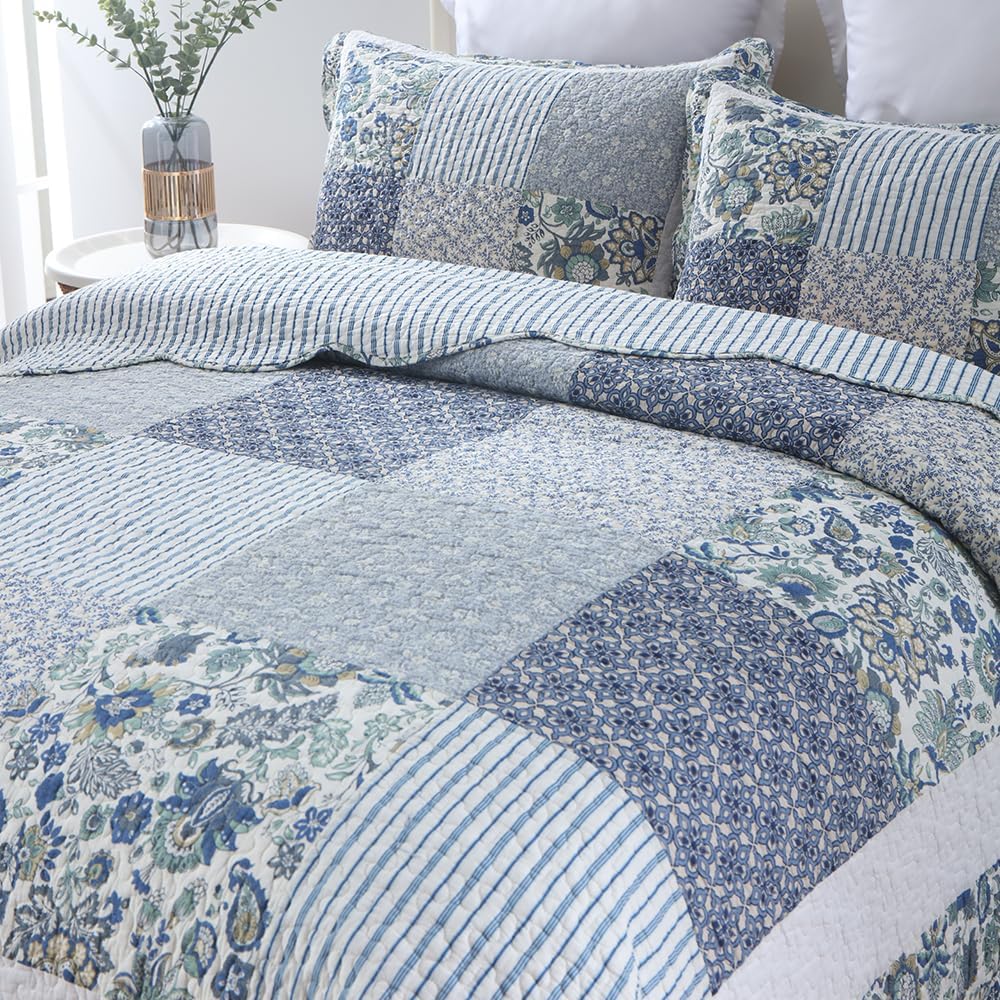Juego de ropa de cama de algodón de 3 piezas, reversible, juego de colcha reversible vintage floral de retazos azules, tamaño Queen