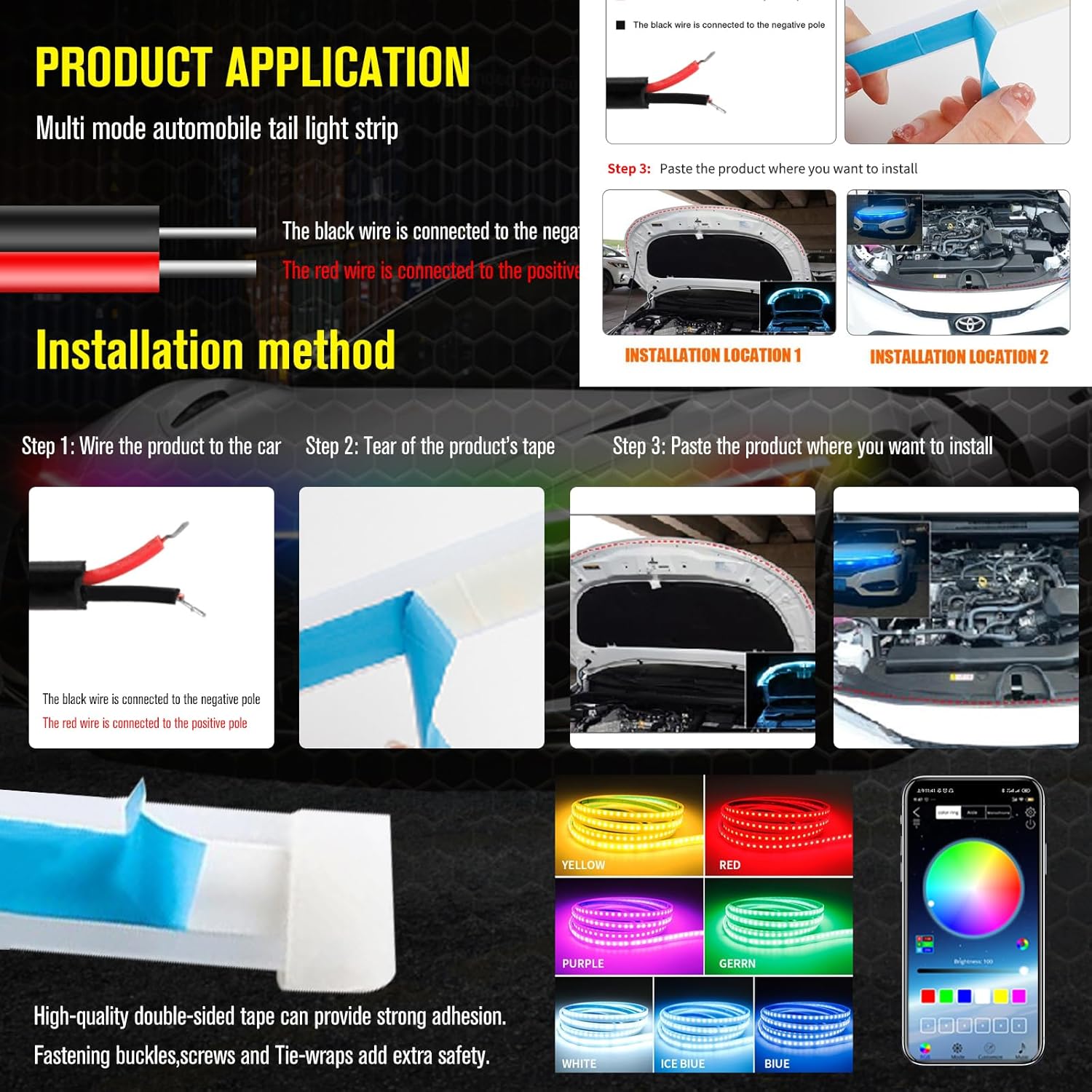 Tira de luces LED para capó de automóvil, 70 pulgadas, RGB multicolor, luces exteriores de automóvil con luz dinámica de circulación diurna A