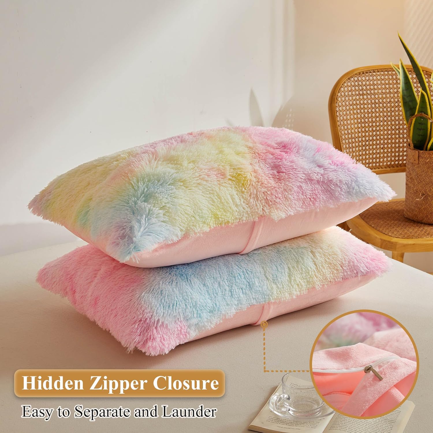 XeGe Fundas de almohada de piel sintética color arcoíris, teñido anudado, multicolor, fundas de cojín decorativas de felpa esponjosa de lujo para