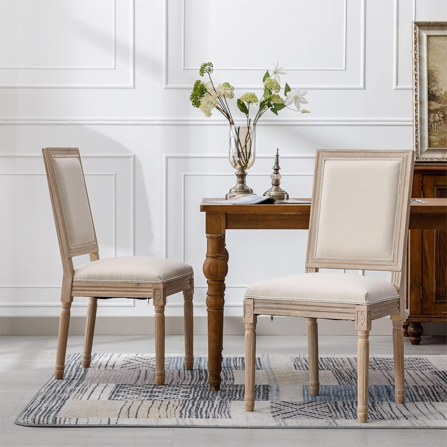 HomSof French Country Silla de comedor de madera con asientos tapizados para cocina, juego de 2, color beige