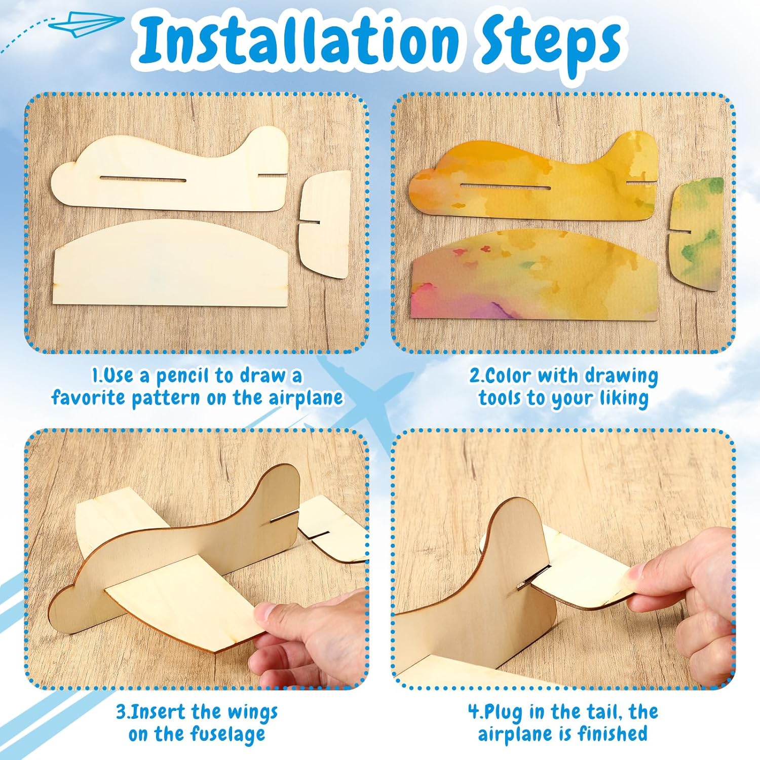 Shappy Paquete de 24 aviones de madera DIY con herramientas de decoración, modelo de madera, avión de madera de Balsa con kits de pintura, avión de