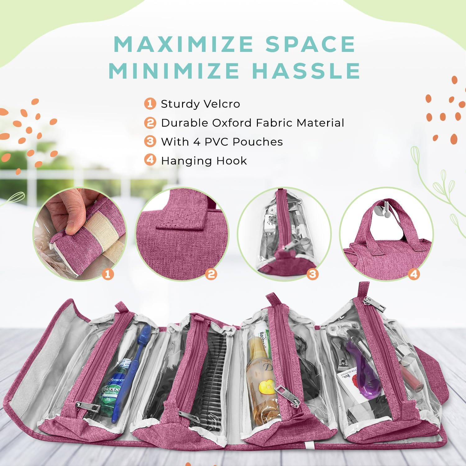 Ceshain Neceser colgante 4 en 1, Rosado, Neceser colgante