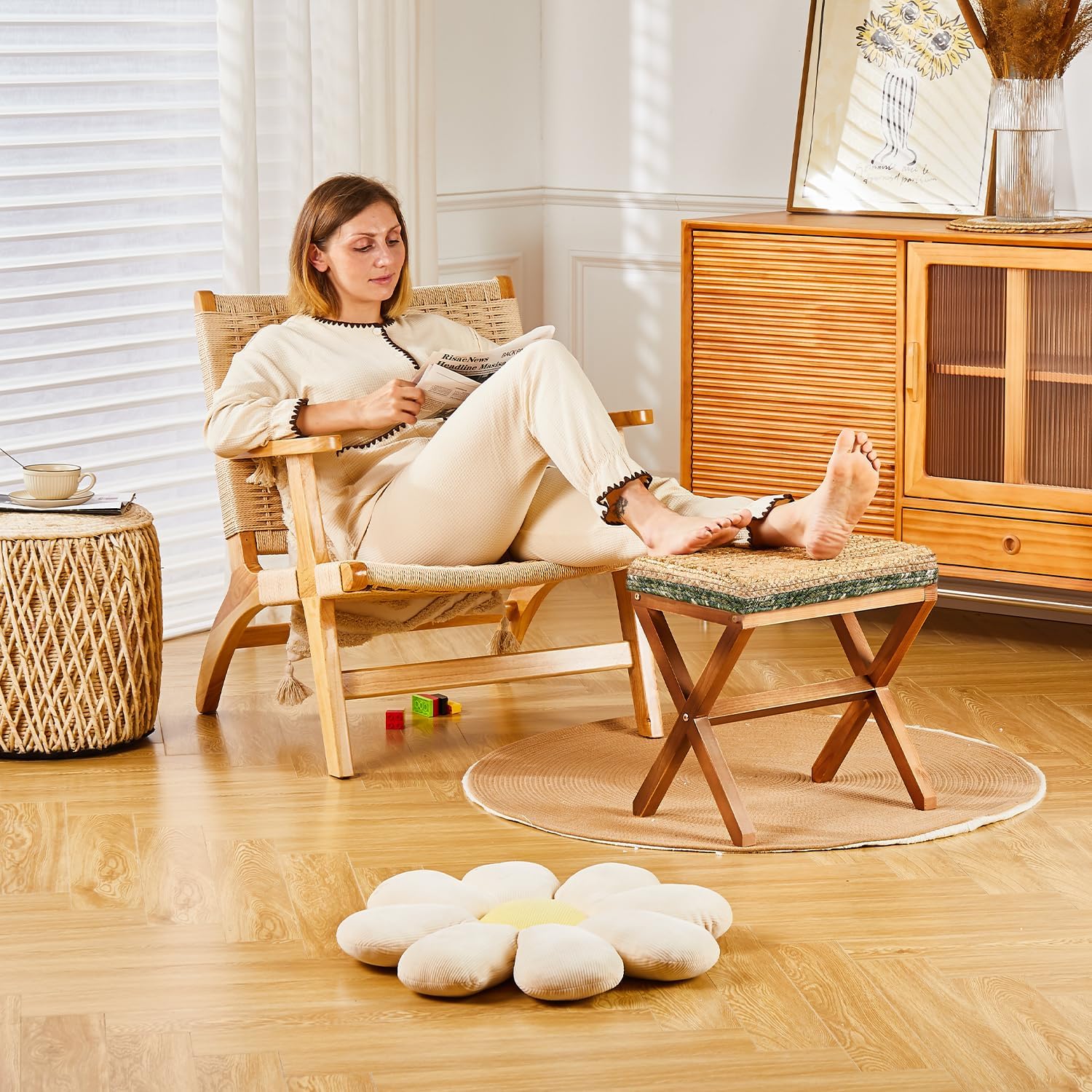 Cpintltr Reposapiés otomano de hierba marina natural, puf otomano con patas de madera, rectangular, tejido a mano, reposapiés para sala de estar,