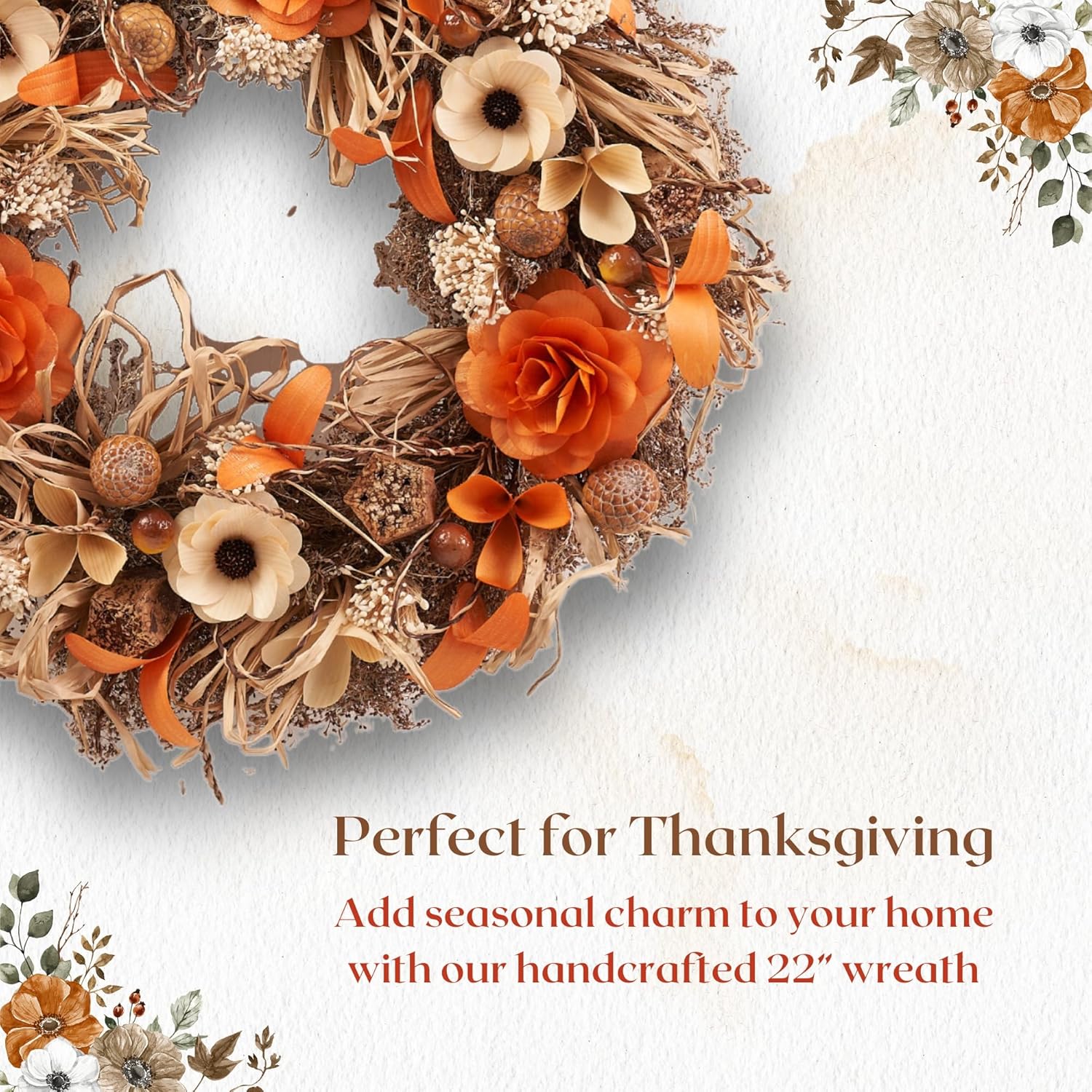 Corona floral de madera de cosecha de otoño de 22 pulgadas, coronas de otoño hechas a mano de primera calidad para puerta delantera, perfecta para