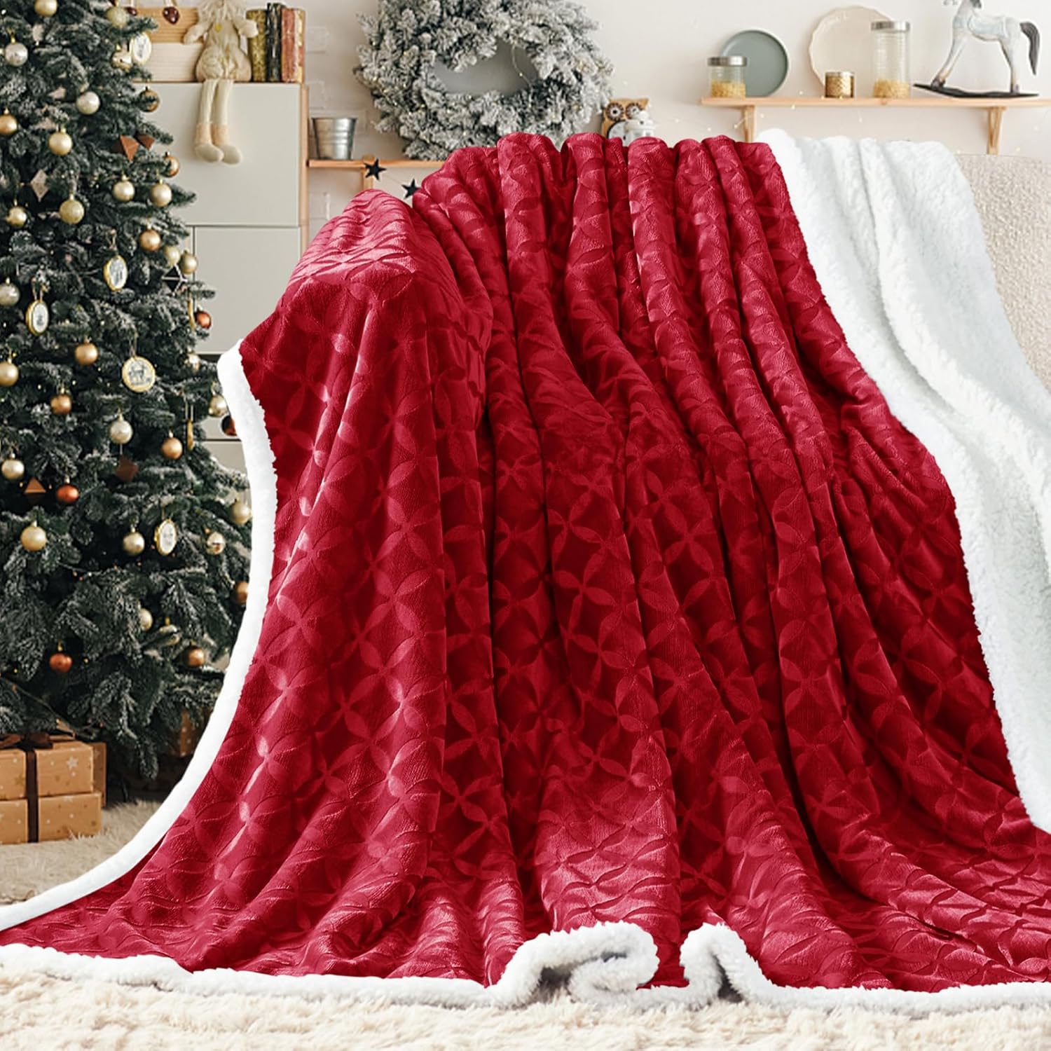inhand Manta de sherpa suave de Navidad, manta roja cálida, acogedora manta reversible de franela de vellón para sofá, cama, manta grande de felpa