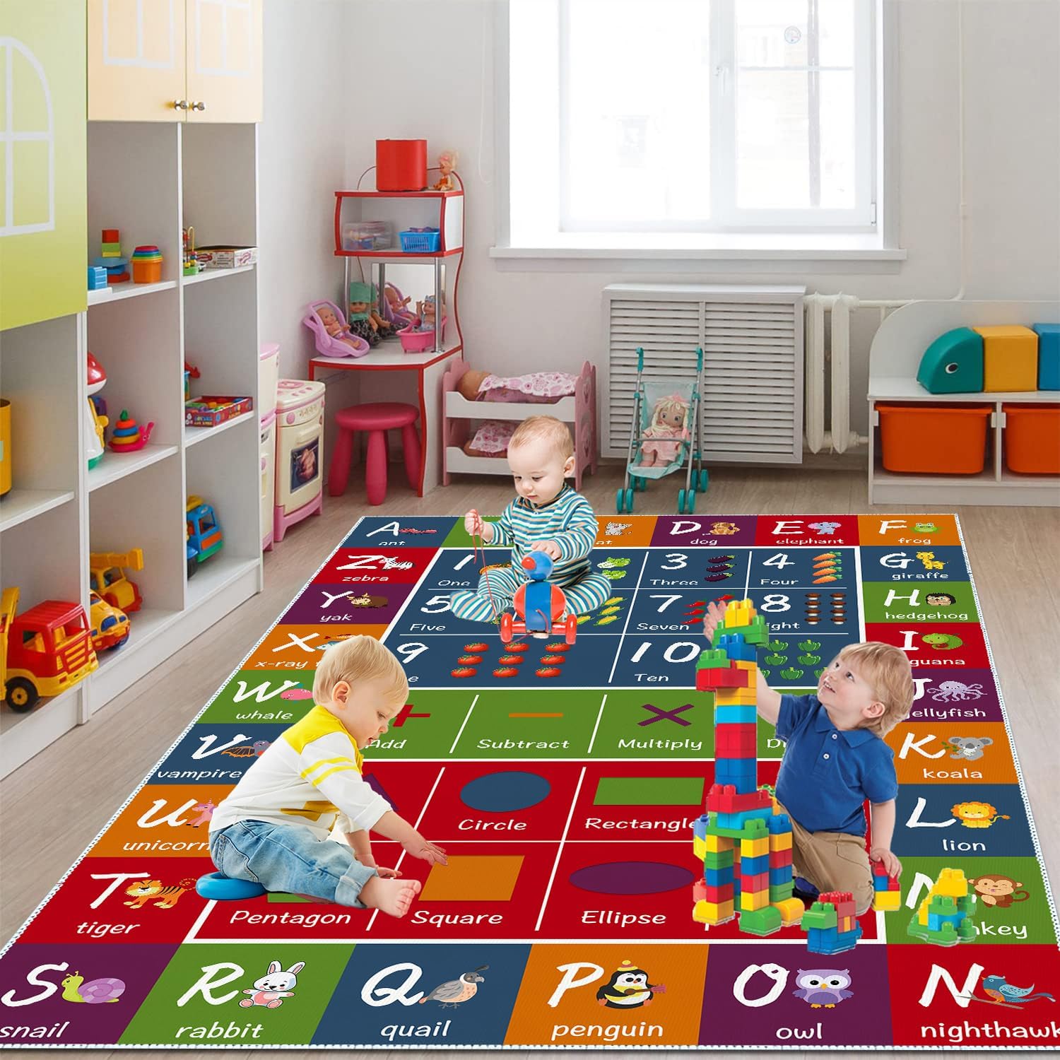 SAMESIEG Alfombra educativa ABC para niños, con forma de símbolo del alfabeto con patrón de animales y verduras, tapete antideslizante para
