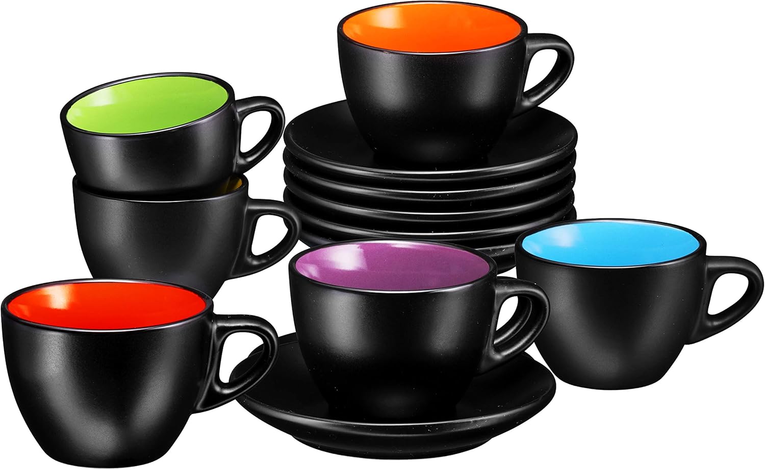 Bruntmor Juego de 6 tazas de capuchino con platillos de 6 onzas, color negro mate y de cerámica de 16 onzas, tazas de café negras mate para