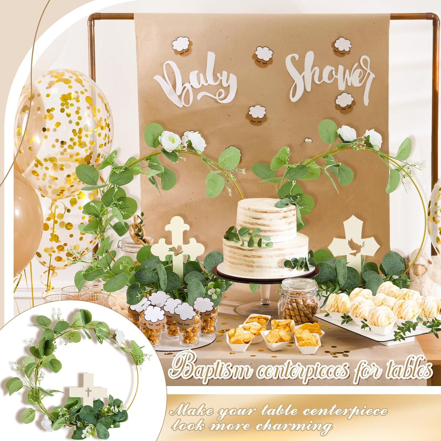 24 centros de mesa de bautismo para mesas, 12 cruces de madera para manualidades, 12 centros de mesa de aro floral de metal con soporte, centros de