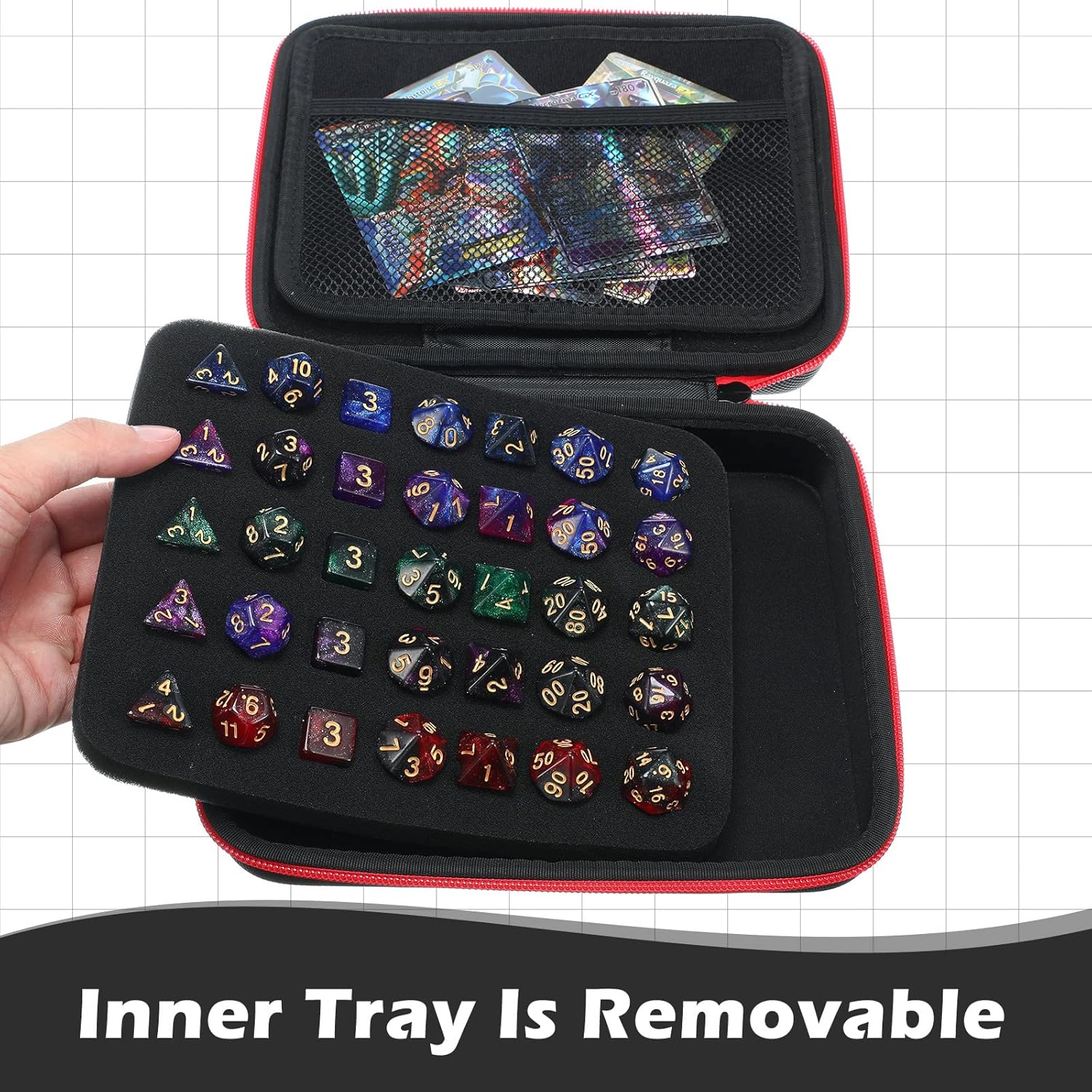 Estuche para dados con bandeja ranurada extraíble para almacenamiento de dados, compatible con juegos de rol DND y otros juegos de mesa, con