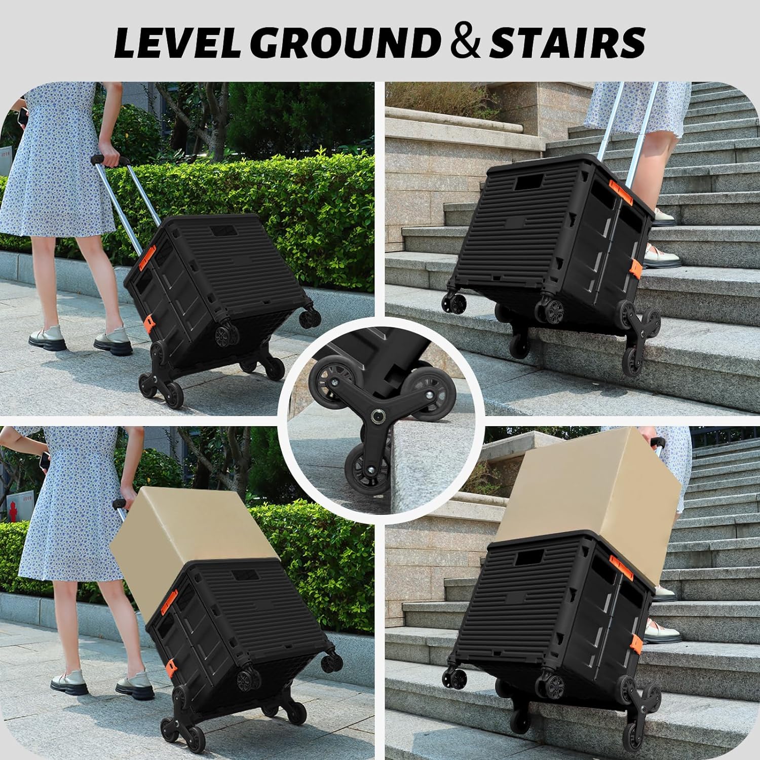 FELICON SELORSS – Carrito plegable portátil con ruedas para subir escaleras y ruedas giratorias de 360, mango telescópico, caja de plástico para