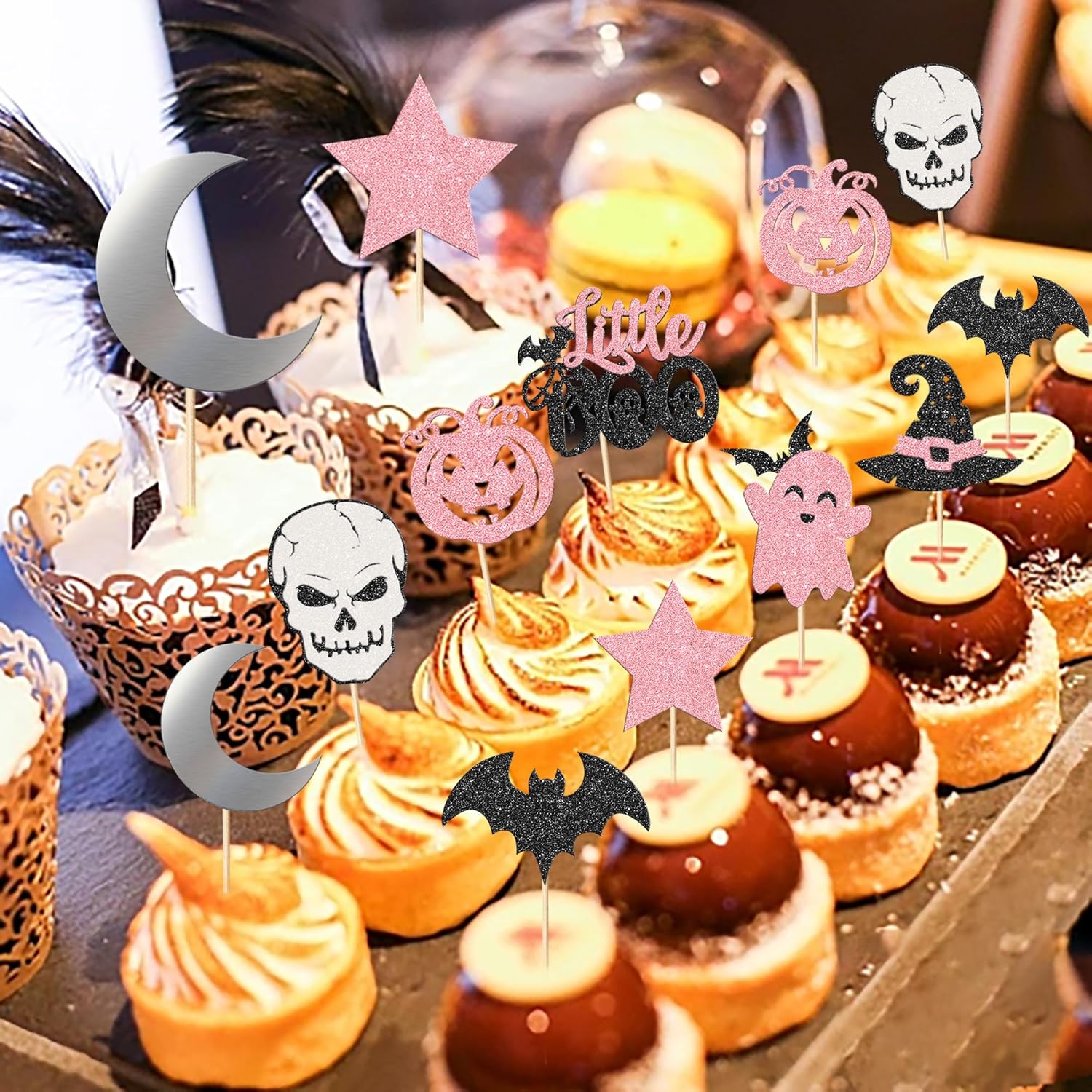 Rsstarxi Paquete de 32 adornos para cupcakes de Halloween, color rosa y negro, murciélago, fantasma, pequeño abucheo, cupcakes, palillos de comida