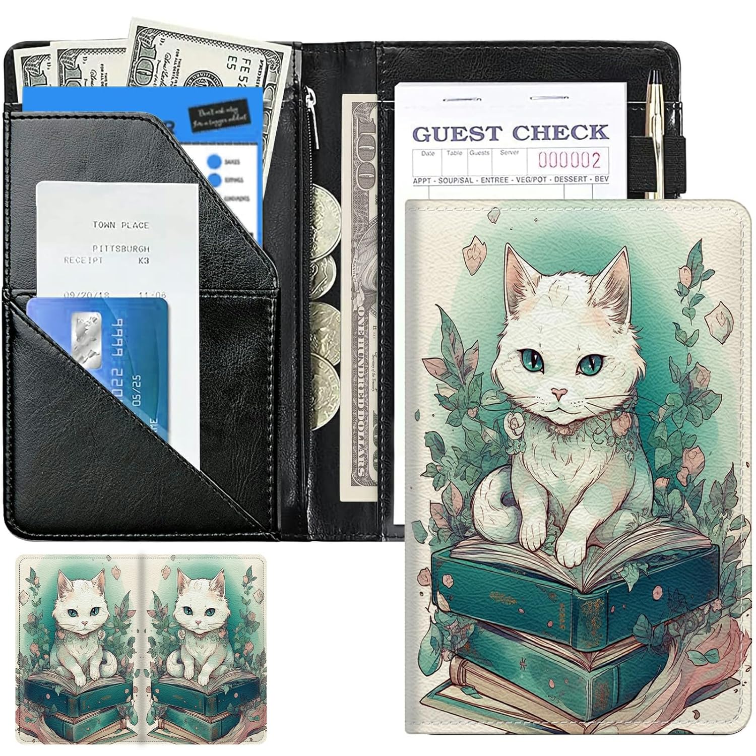 Librería de gato flores lindos libros de servidor para camarera, cartera de cuero para camarero con bolsillo para dinero, 5 x 8 camareras soporte