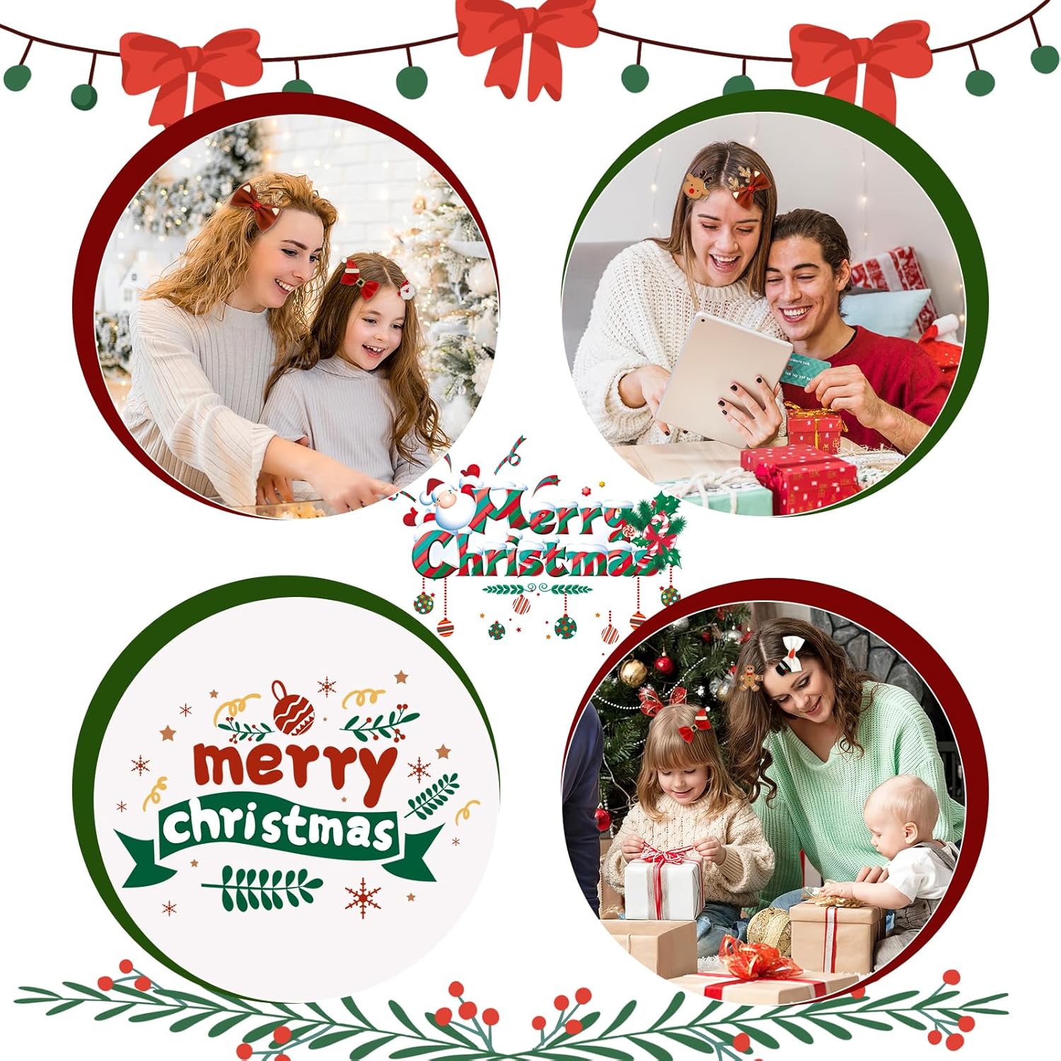 Amaxiu 9 pinzas para el cabello de Navidad, cuernos para sombrero de Navidad, lazos para el cabello, lindos pasadores de pelo de Papá Noel, pan de