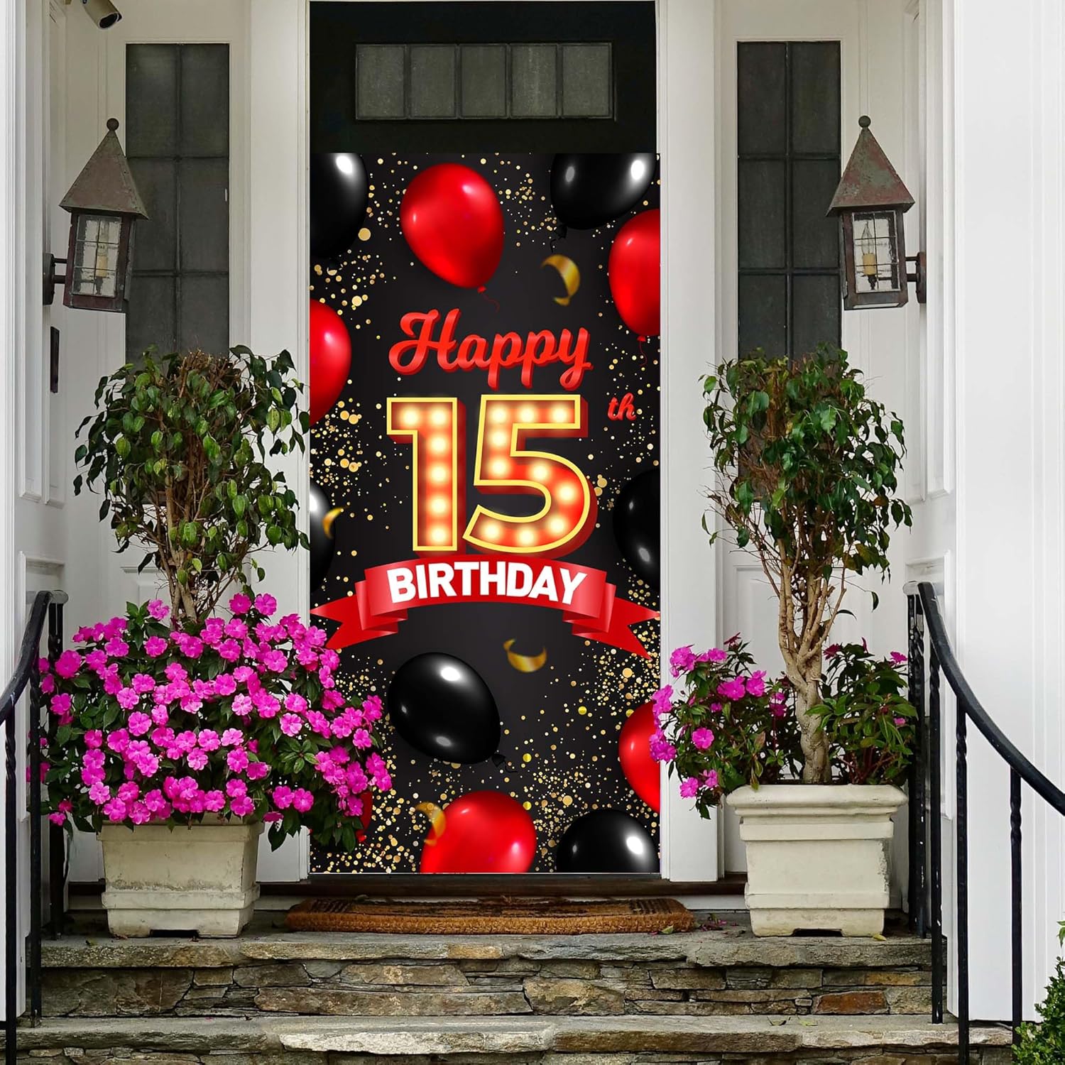 Cartel de feliz cumpleaños número 15 rojo y negro, globos de fondo para decoración temática para niñas y mujeres, princesas de 15 años, suministros